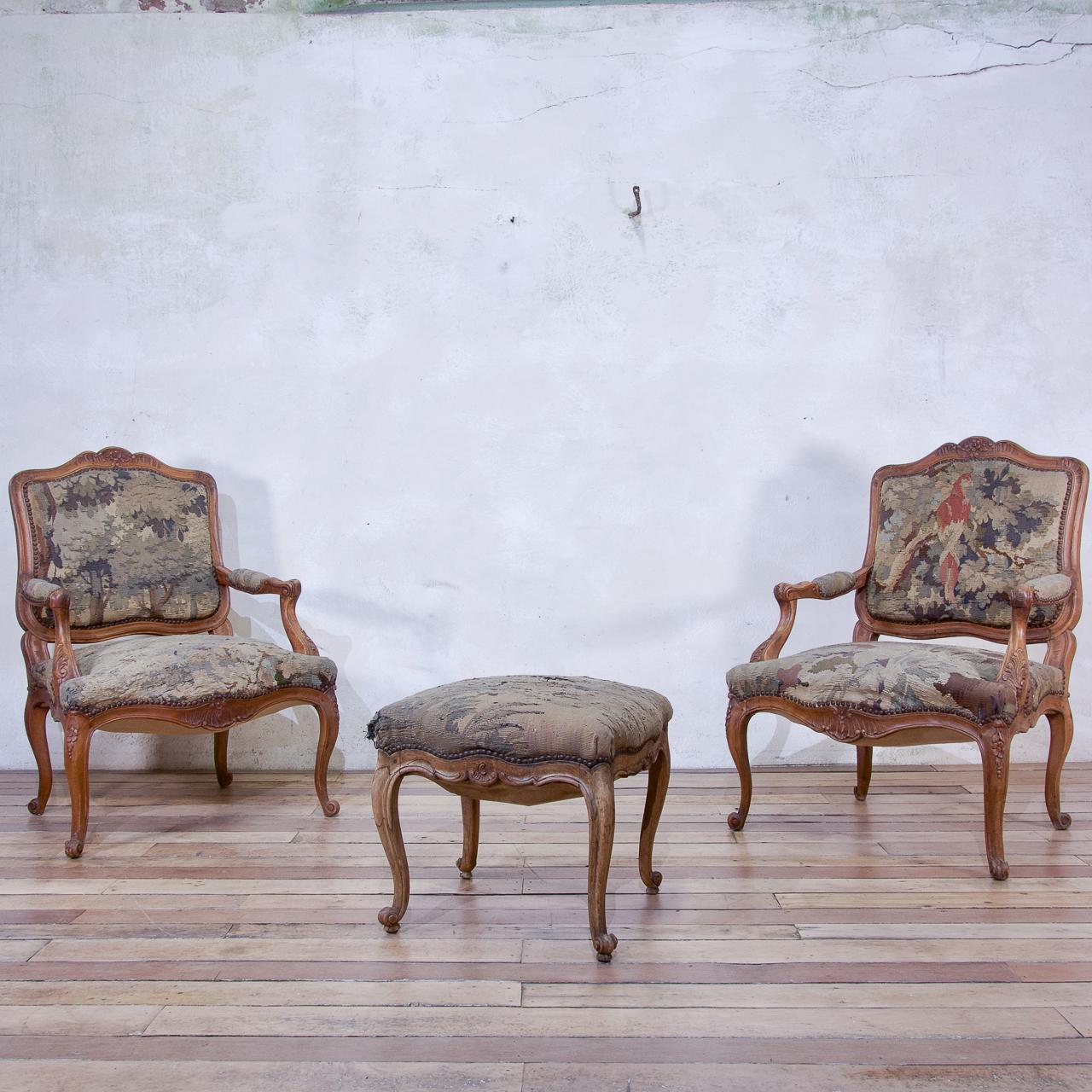 Pair 19th Century French Louis XV Fauteuils Open Arm Chairs Aubusson Tapestry For Sale 3