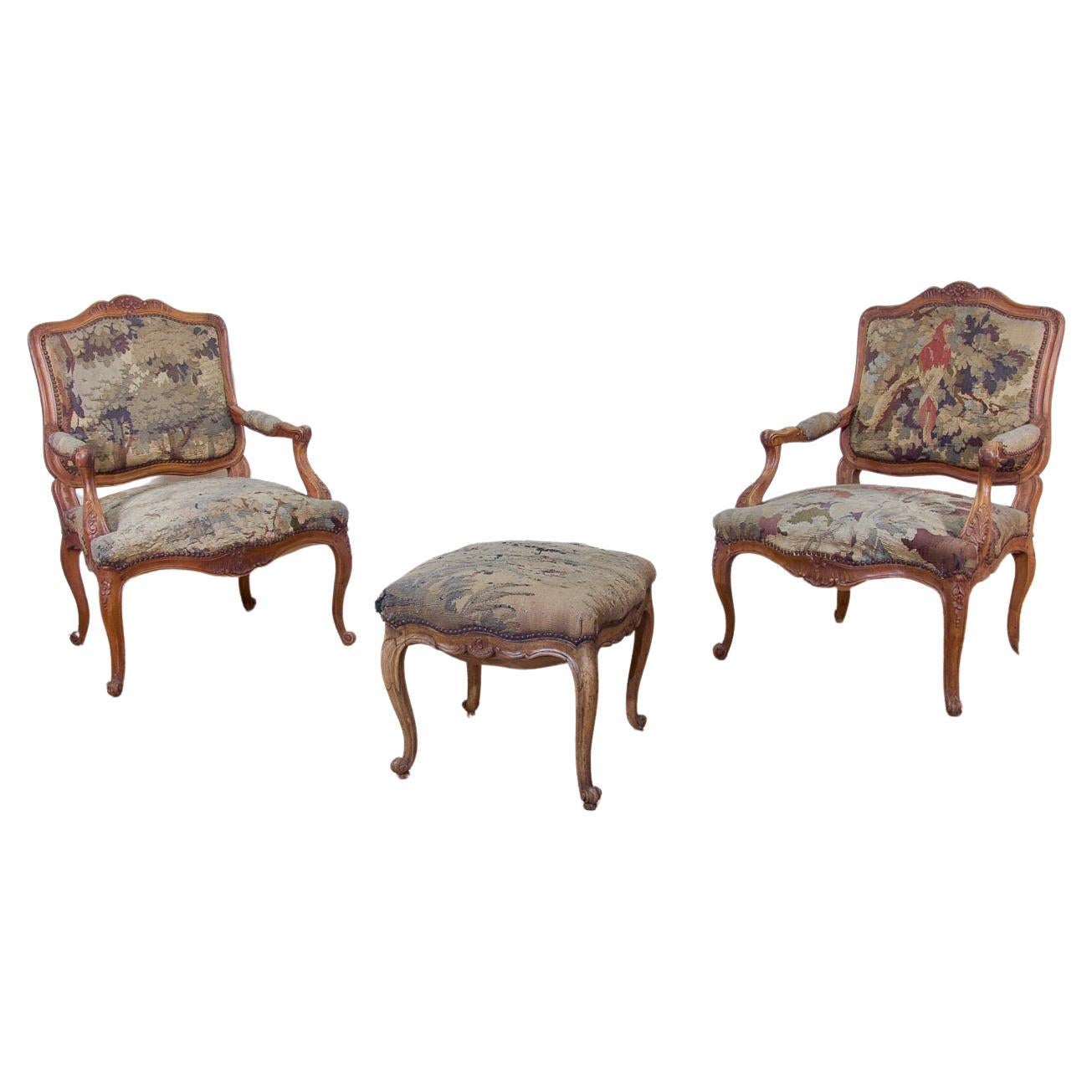 Pair 19th Century French Louis XV Fauteuils Open Arm Chairs Aubusson Tapestry For Sale