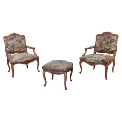 Pair 19th Century French Louis XV Fauteuils Open Arm Chairs Aubusson Tapestry