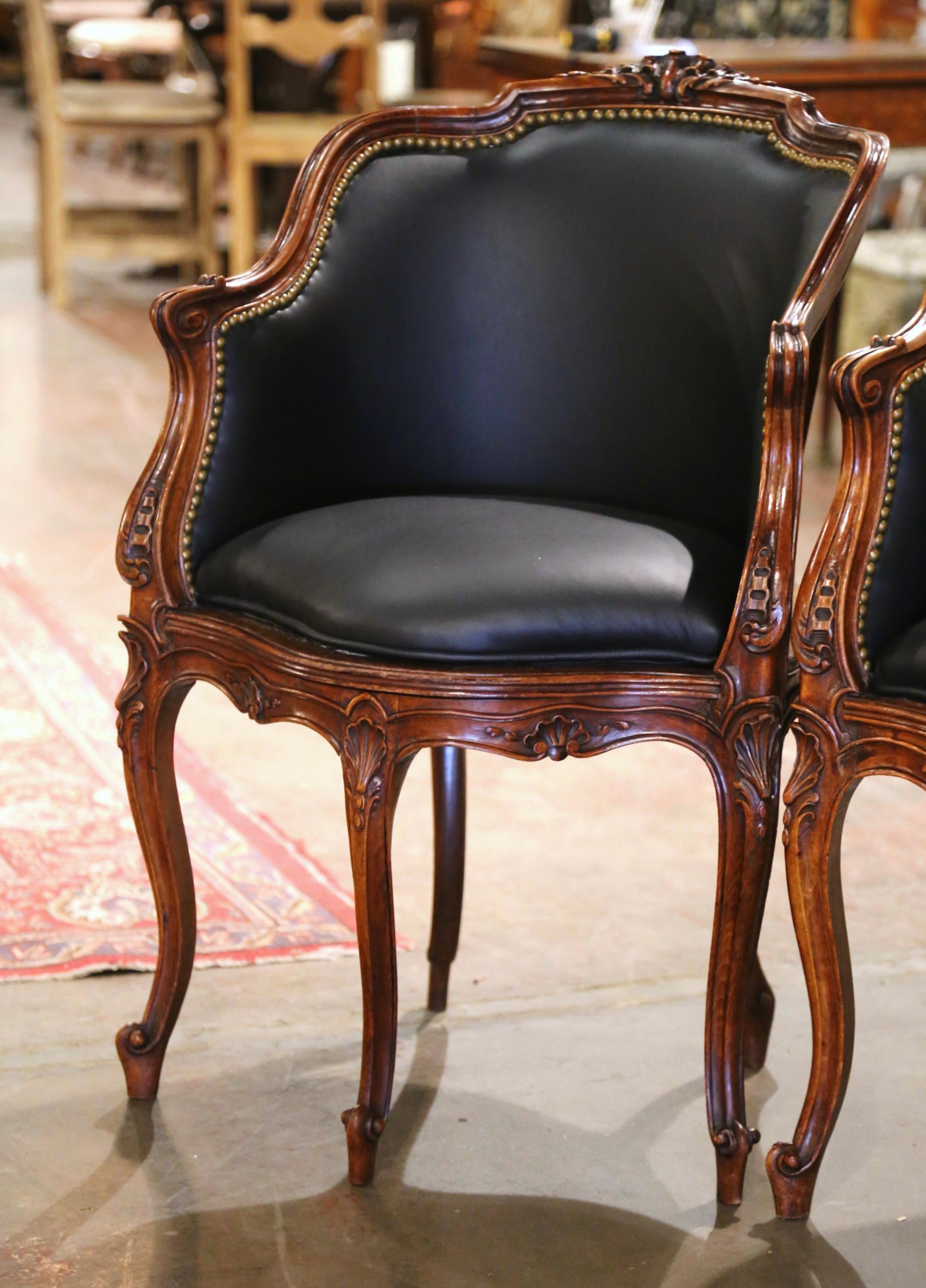 Hand-Carved Pair 19th Century French Louis XV Leather Upholstered Five-Leg Desk Armchairs