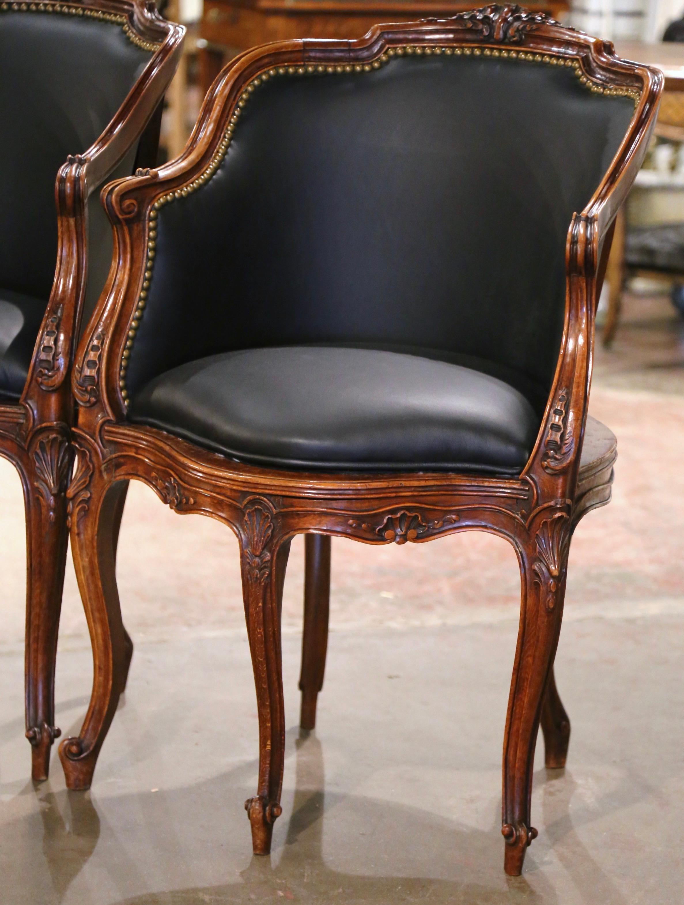 Pair 19th Century French Louis XV Leather Upholstered Five-Leg Desk Armchairs In Excellent Condition In Dallas, TX