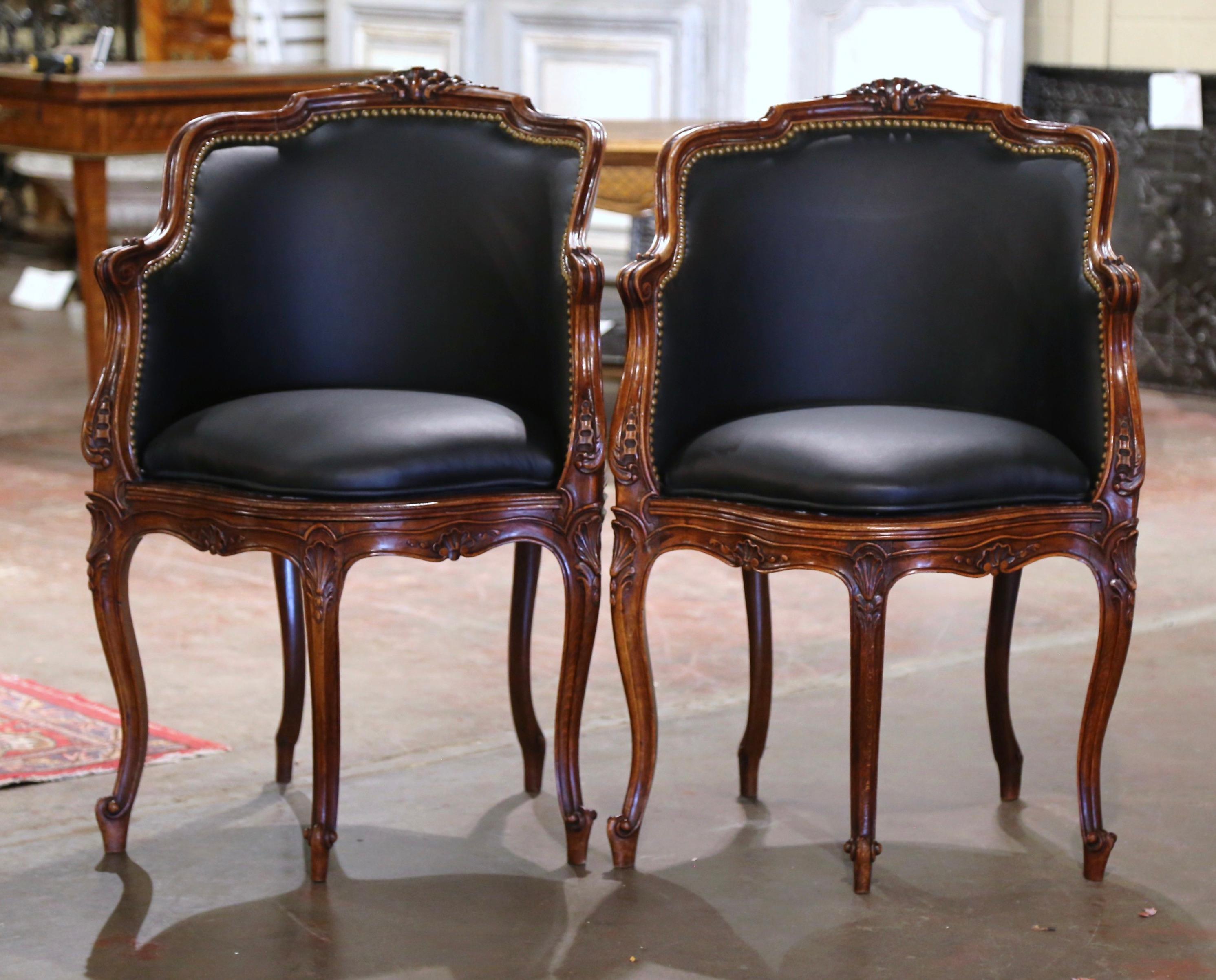 Walnut Pair 19th Century French Louis XV Leather Upholstered Five-Leg Desk Armchairs