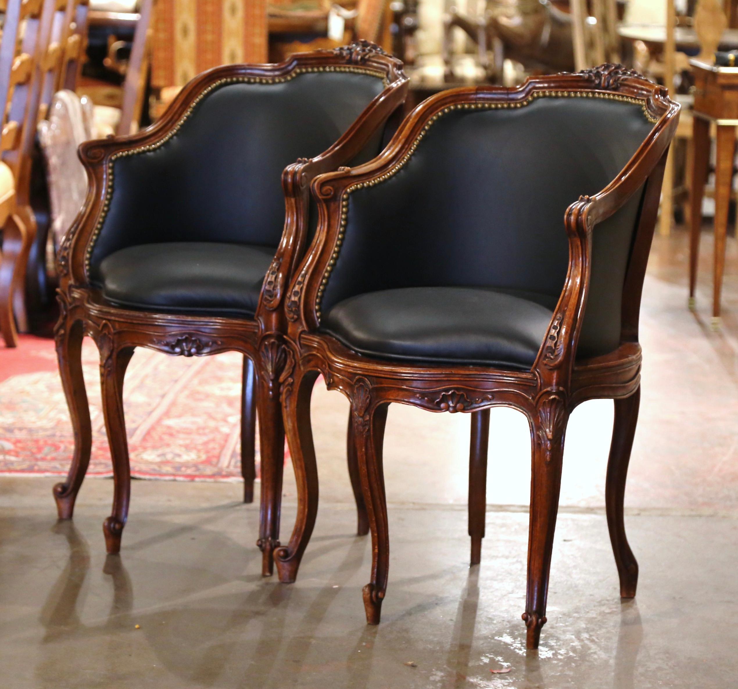 Pair 19th Century French Louis XV Leather Upholstered Five-Leg Desk Armchairs 1