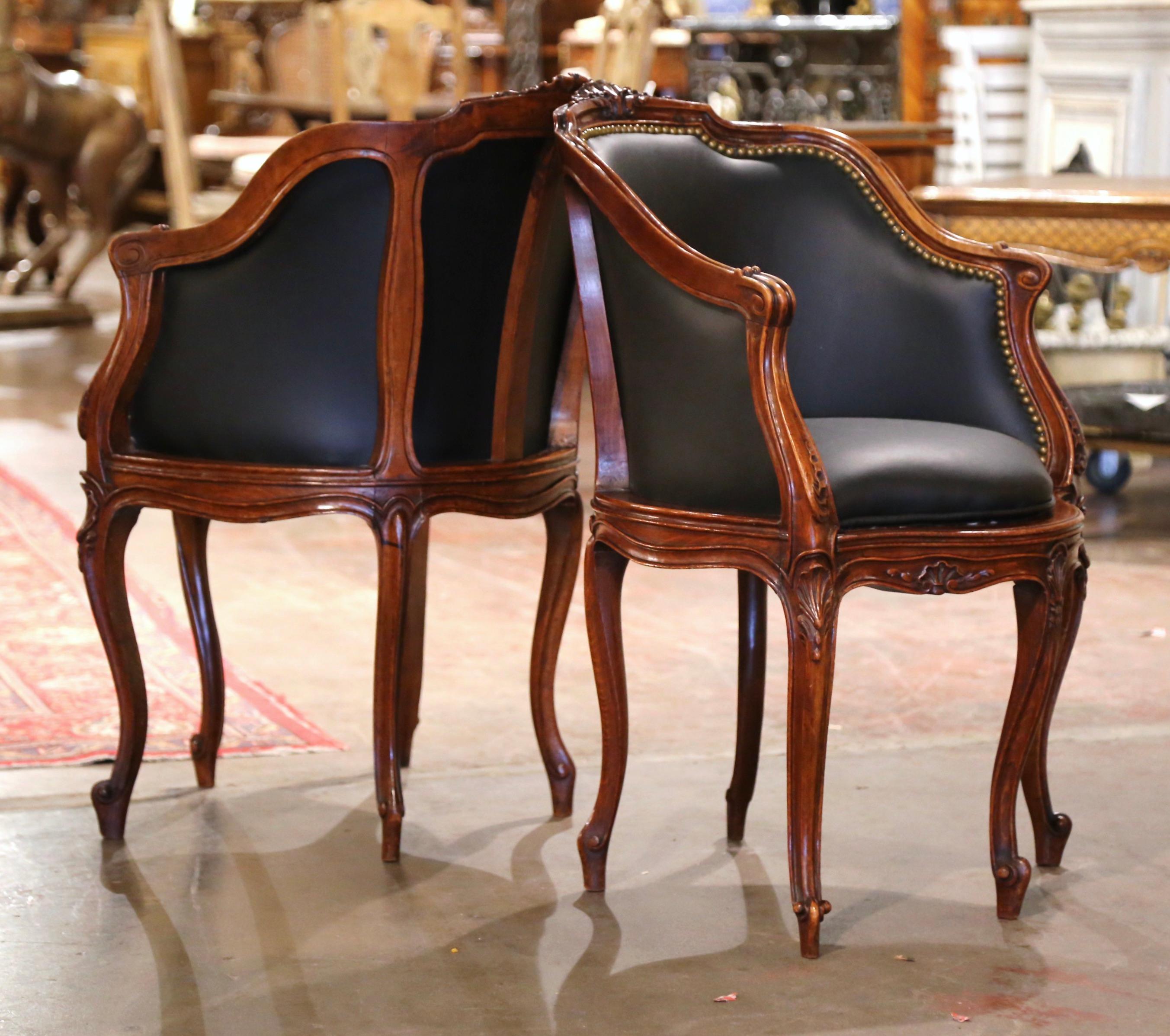 Pair 19th Century French Louis XV Leather Upholstered Five-Leg Desk Armchairs 2