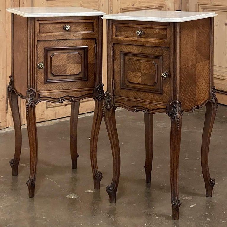 Pair 19th Century French Louis XV Marble Top Walnut Nightstands ~ End Tables For Sale 5