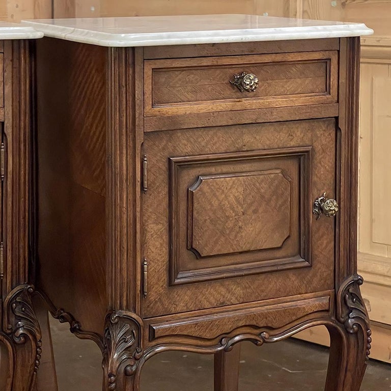 Pair 19th Century French Louis XV Marble Top Walnut Nightstands ~ End Tables For Sale 7
