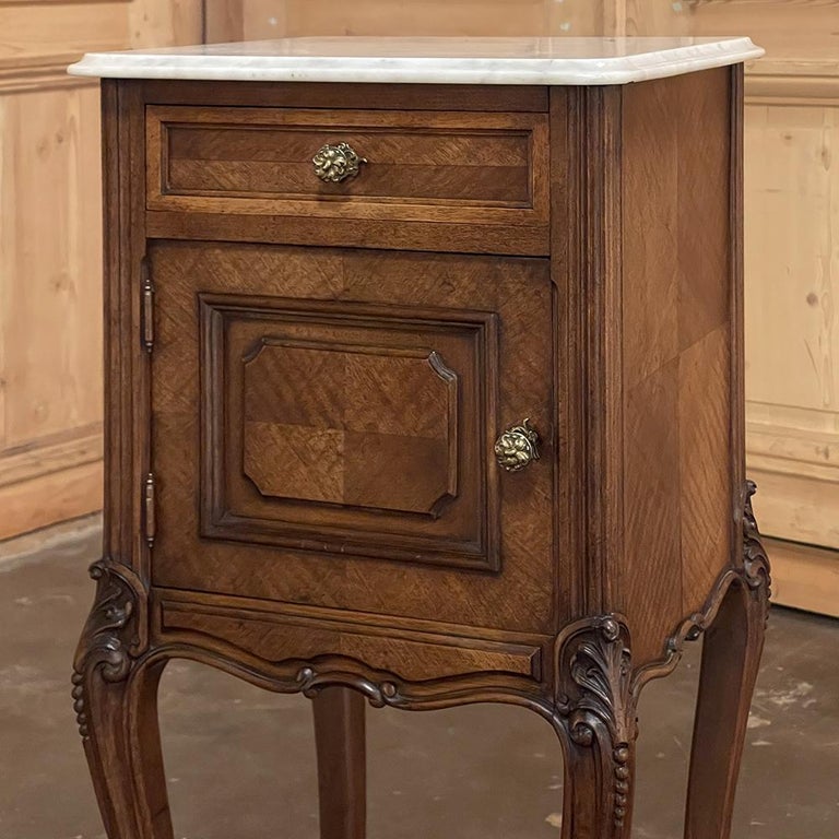 Pair 19th Century French Louis XV Marble Top Walnut Nightstands ~ End Tables For Sale 11
