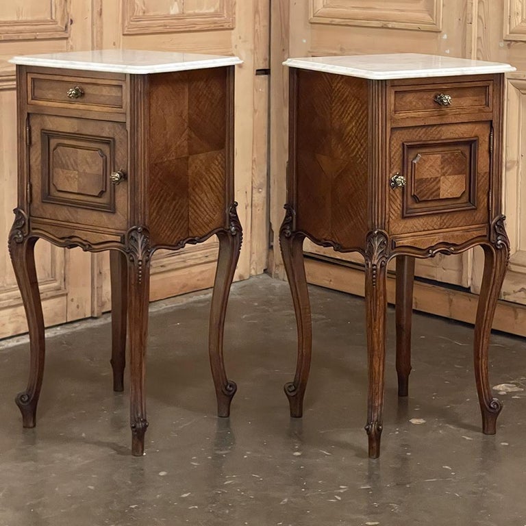 Hand-Crafted Pair 19th Century French Louis XV Marble Top Walnut Nightstands ~ End Tables For Sale