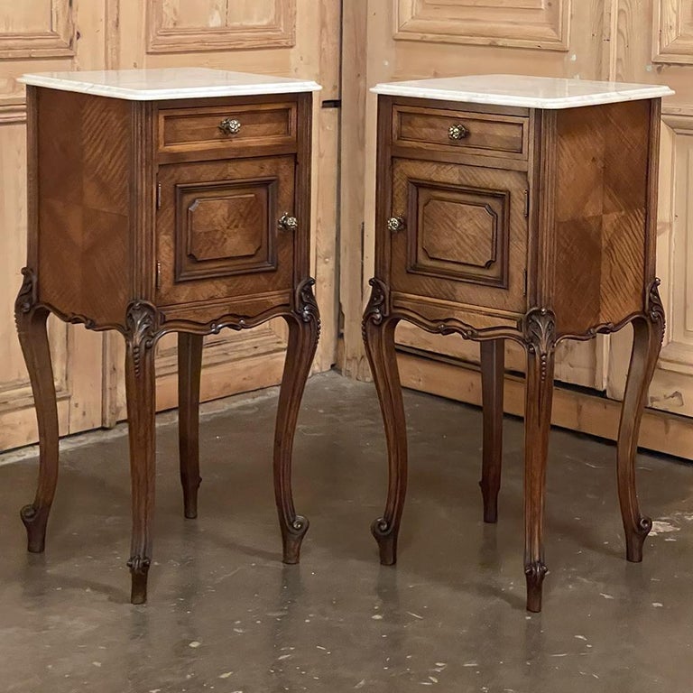 Late 19th Century Pair 19th Century French Louis XV Marble Top Walnut Nightstands ~ End Tables For Sale