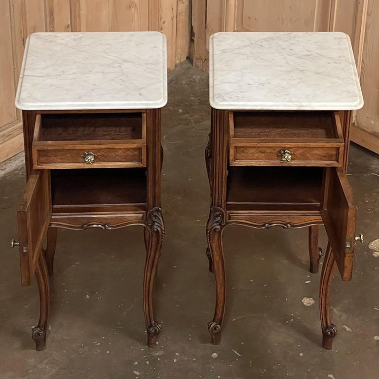 Brass Pair 19th Century French Louis XV Marble Top Walnut Nightstands ~ End Tables For Sale