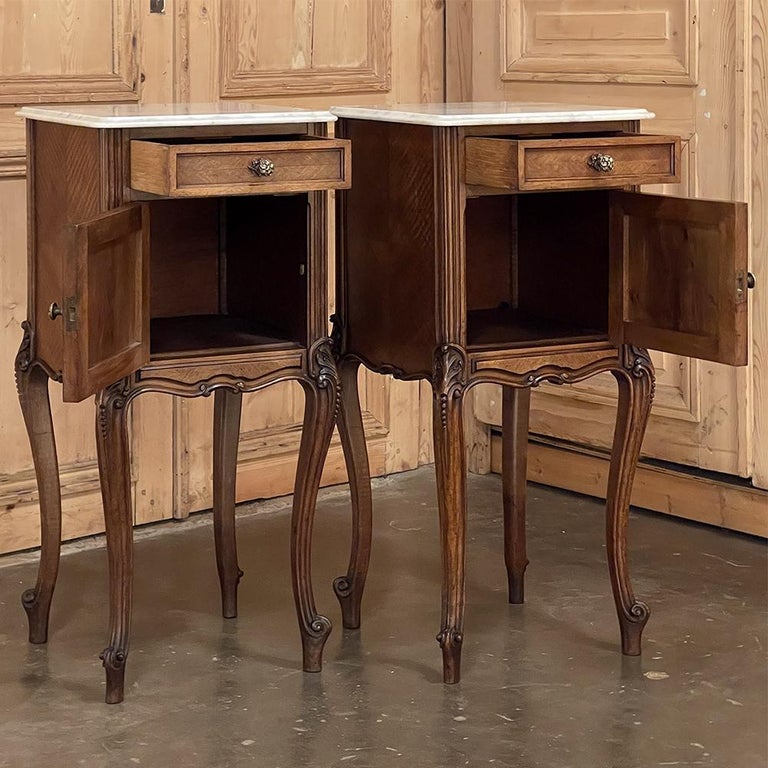 Pair 19th Century French Louis XV Marble Top Walnut Nightstands ~ End Tables For Sale 2
