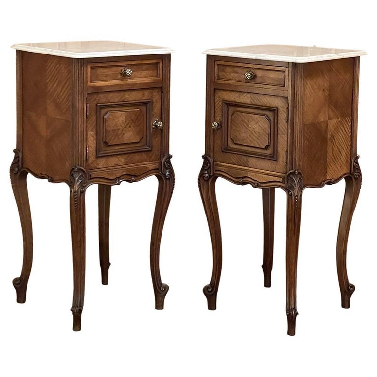 Pair 19th Century French Louis XV Marble Top Walnut Nightstands ~ End Tables For Sale