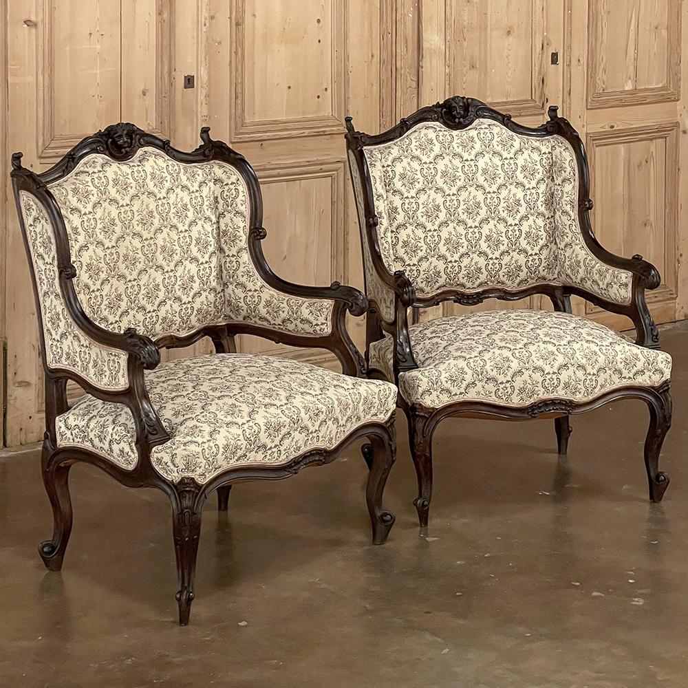 Pair 19th century French Louis XV - Regence armchairs ~ Bergeres are an incredibly stylish way to add comfortable seating to your favorite room! Upholstered in a very high-quality tapestry fabric, each was sculpted from fine French walnut, and