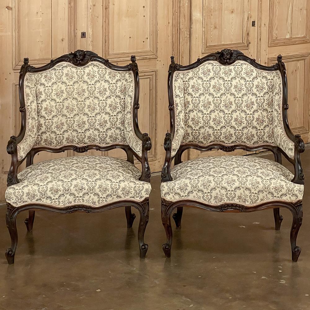 Hand-Carved Pair 19th Century French Louis XV, Regence Armchairs, Bergeres For Sale