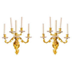 Pair 19th Century French Louis XV Rococo Style Gilt Bronze & Crystal Sconces