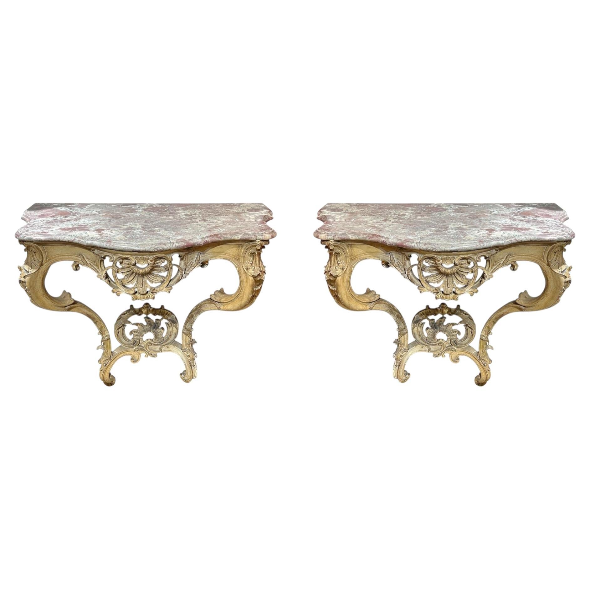 Pair 19th Century French Louis XV Rococo Style Rouge Marble Top Console Tables