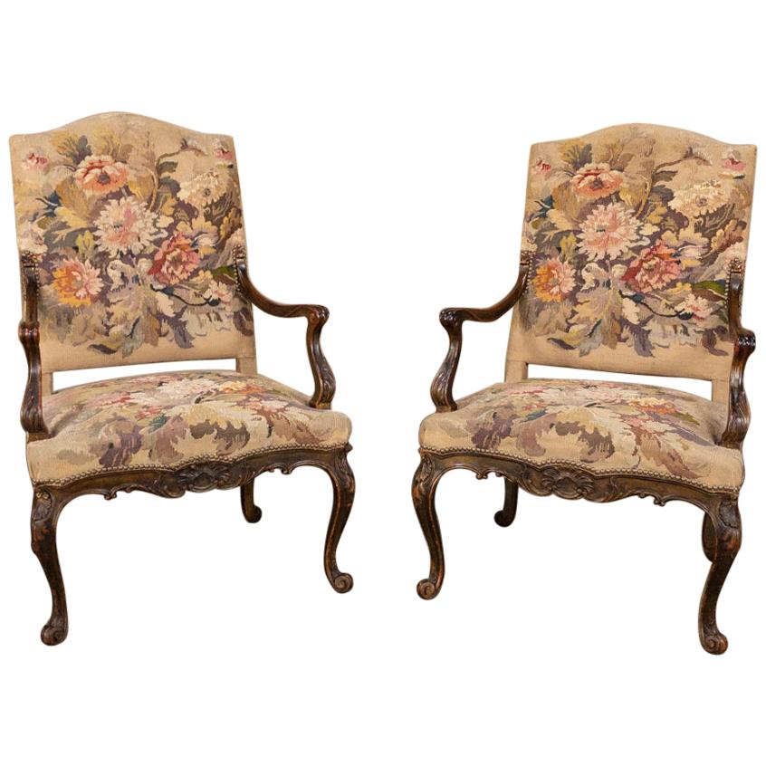 Pair of 19th Century French Louis XV Tapestry Armchairs