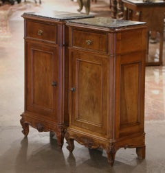 Pair 19th Century French Louis XV Walnut Bedside Cabinets with Inset Marble Top