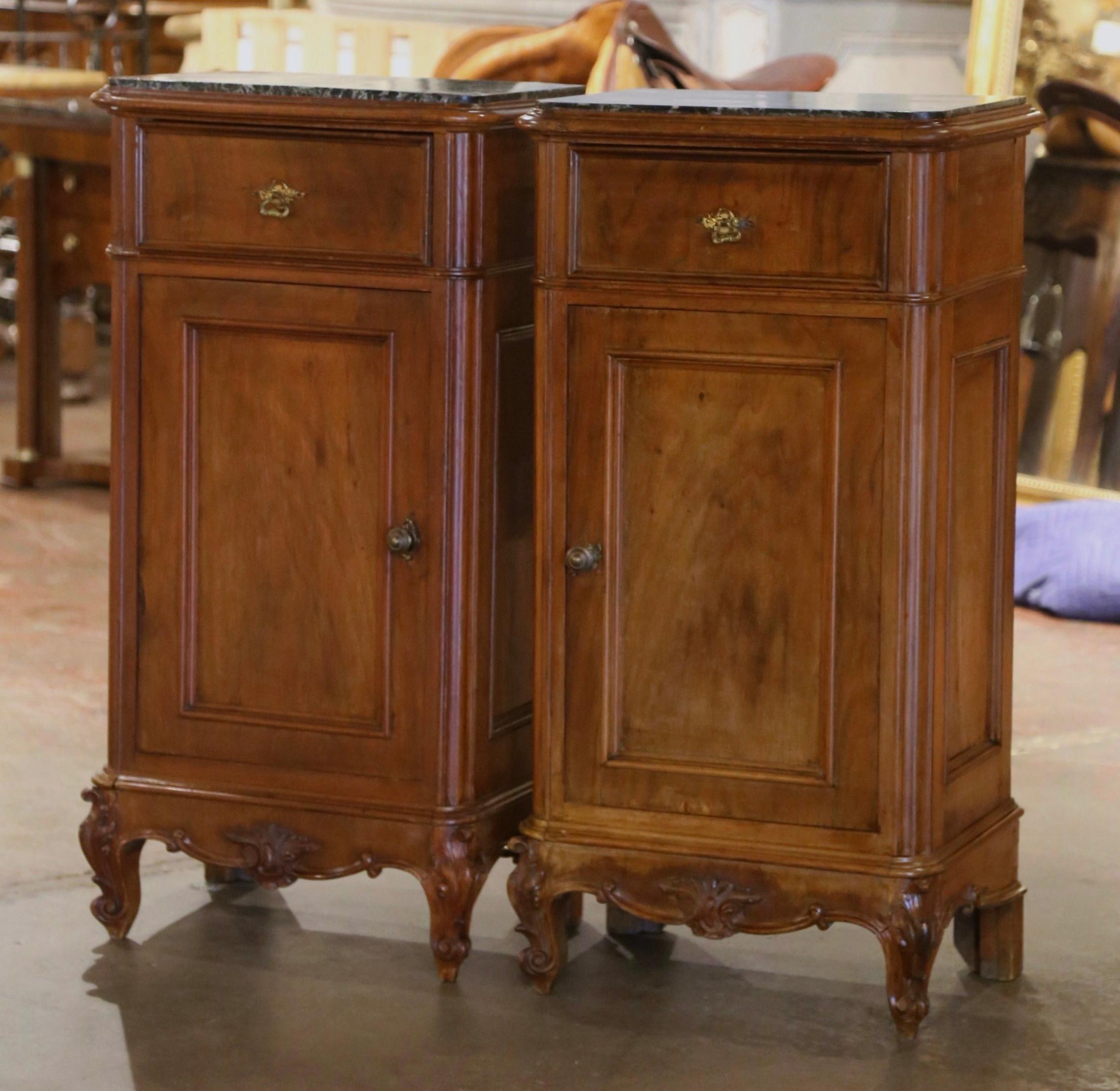 Pair 19th Century French Louis XV Walnut Bedside Cabinets with Inset Marble Top 1