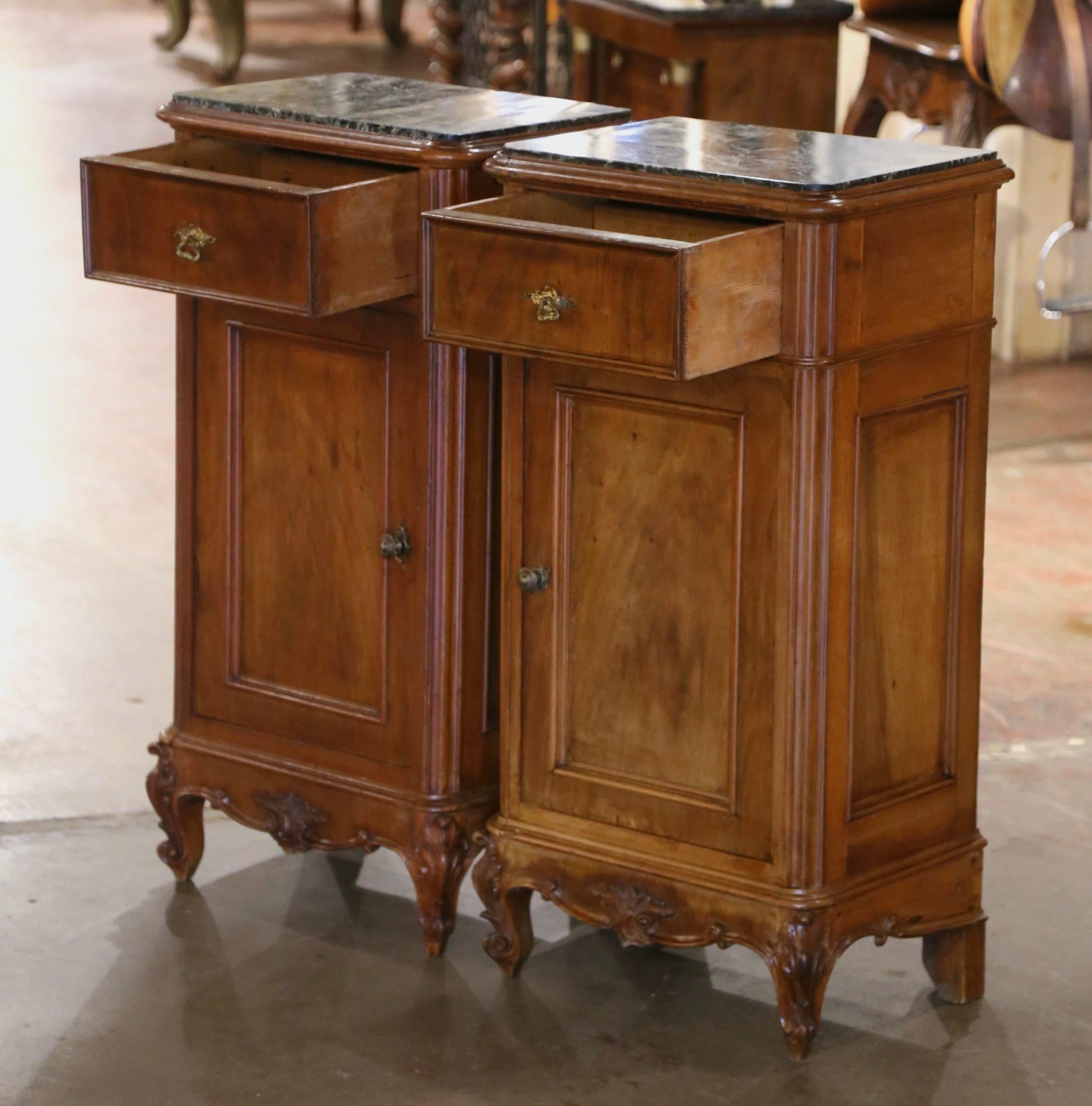 Pair 19th Century French Louis XV Walnut Bedside Cabinets with Inset Marble Top 2