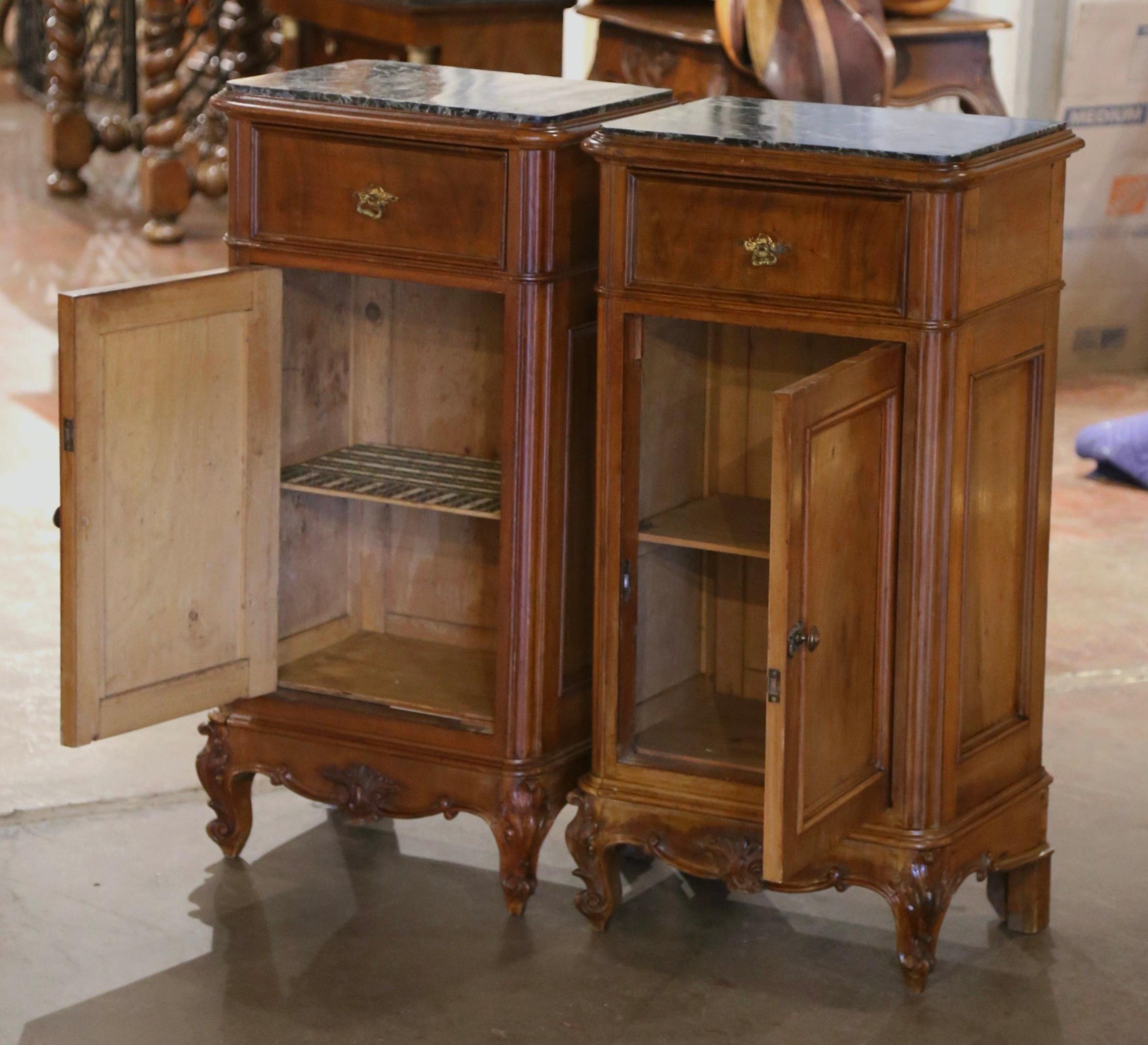 Pair 19th Century French Louis XV Walnut Bedside Cabinets with Inset Marble Top 4