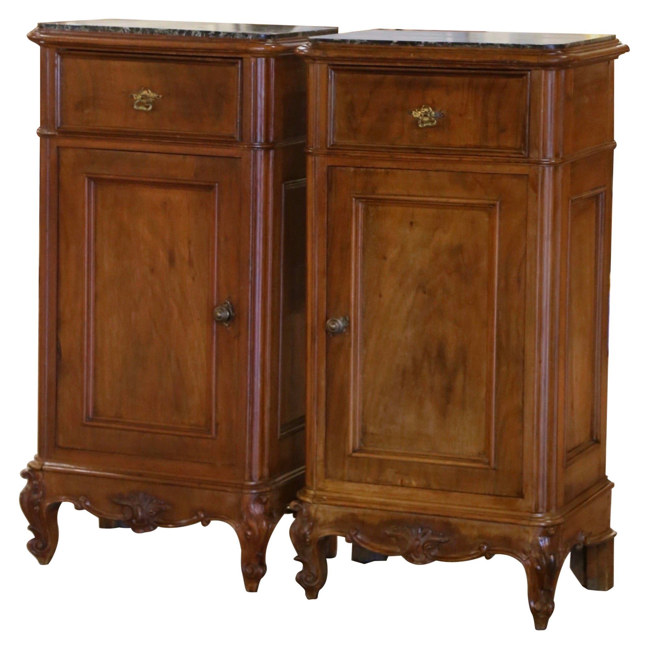 Pair 19th Century French Louis XV Walnut Bedside Cabinets with Inset Marble Top