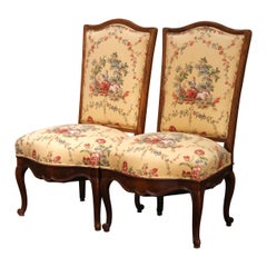 Pair 19th Century French Louis XV Walnut Side Chairs with Provençal Upholstery