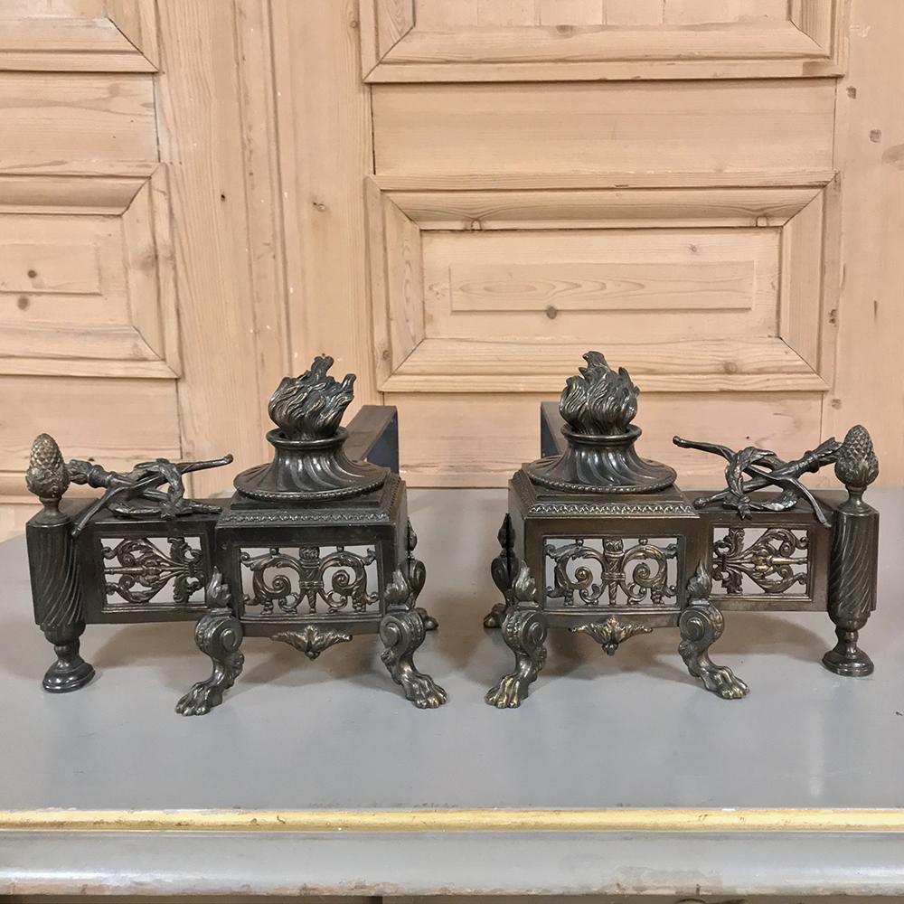 Late 19th Century Pair of 19th Century French Louis XVI Bronze Andirons For Sale