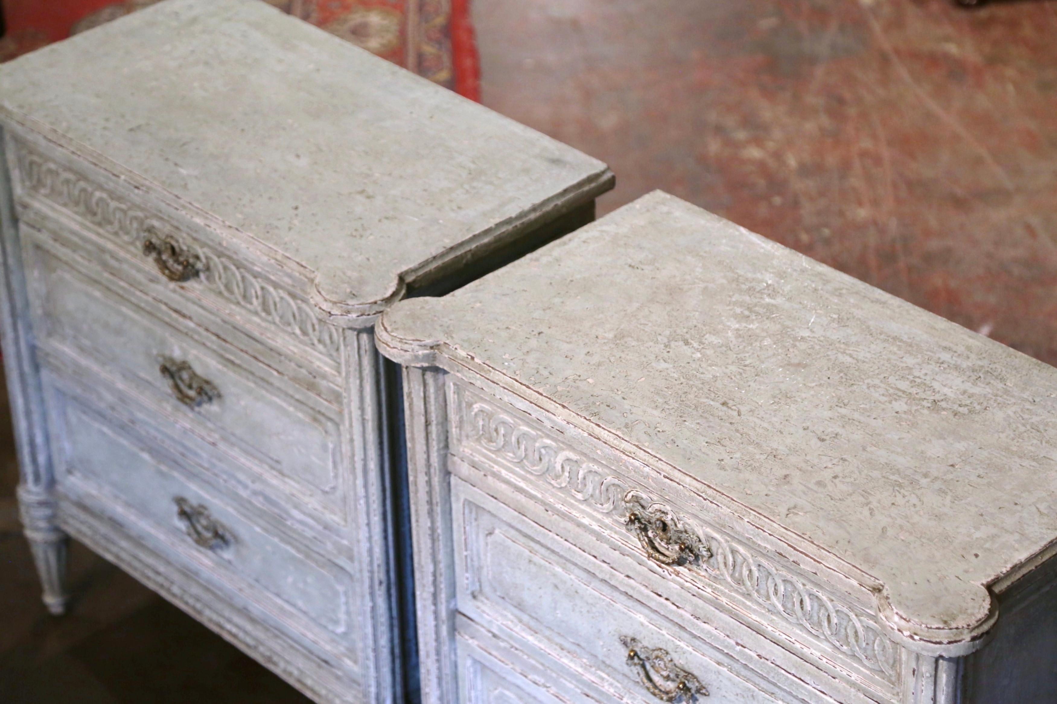 Hand-Carved Pair 19th Century French Louis XVI Carved Painted Nightstands Chests of Drawers