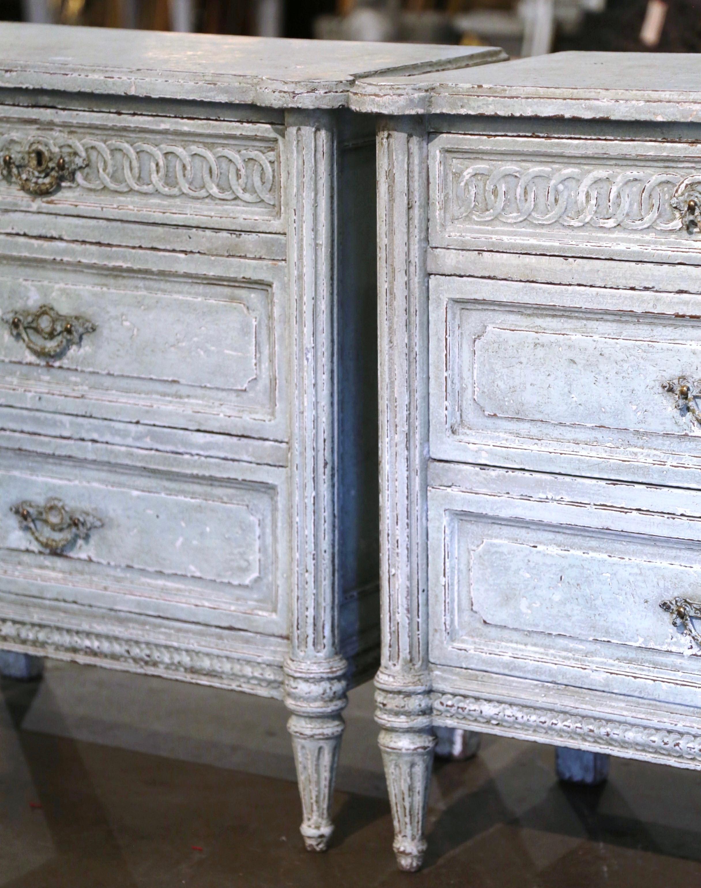 Pair 19th Century French Louis XVI Carved Painted Nightstands Chests of Drawers In Excellent Condition In Dallas, TX