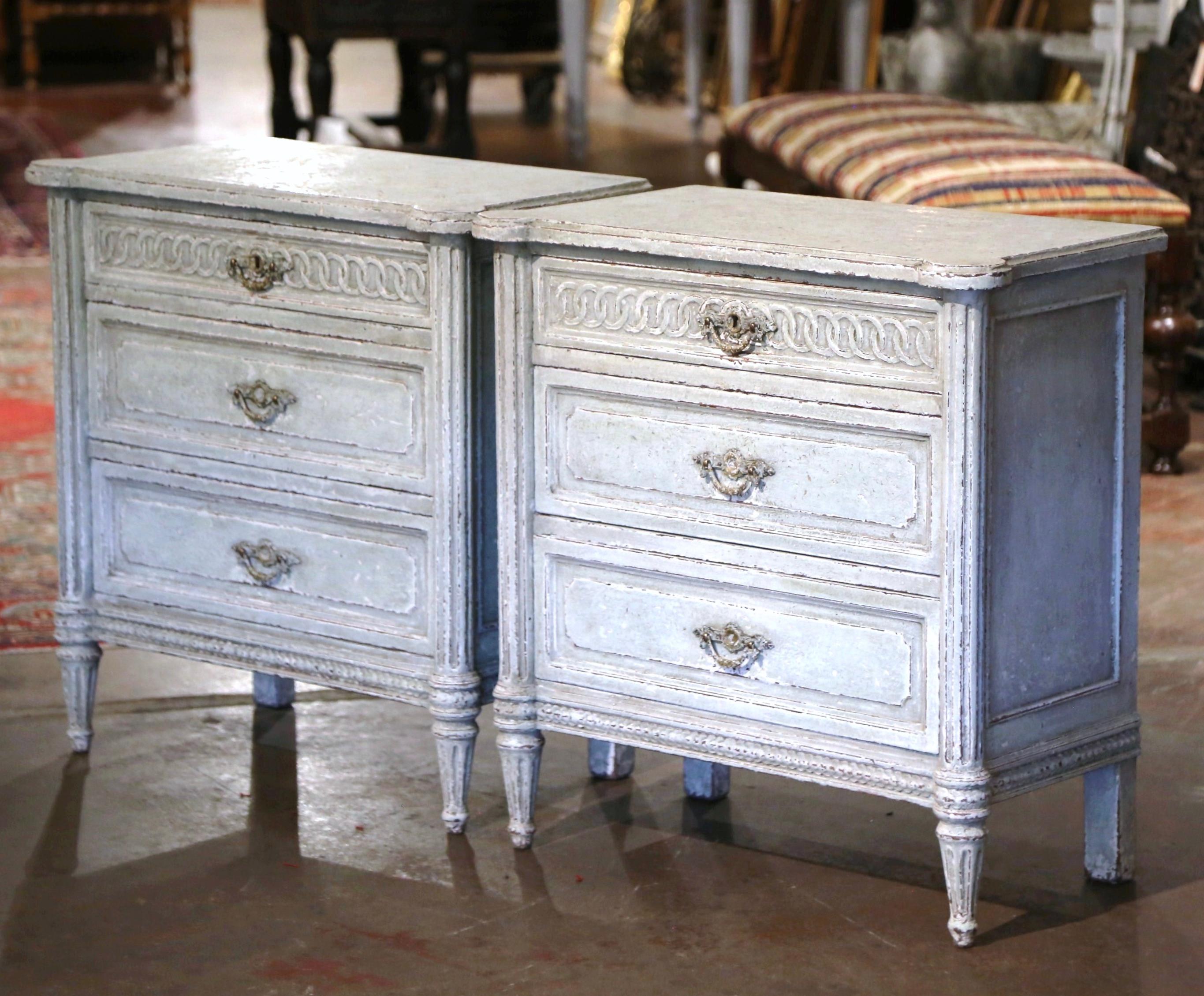 Wood Pair 19th Century French Louis XVI Carved Painted Nightstands Chests of Drawers