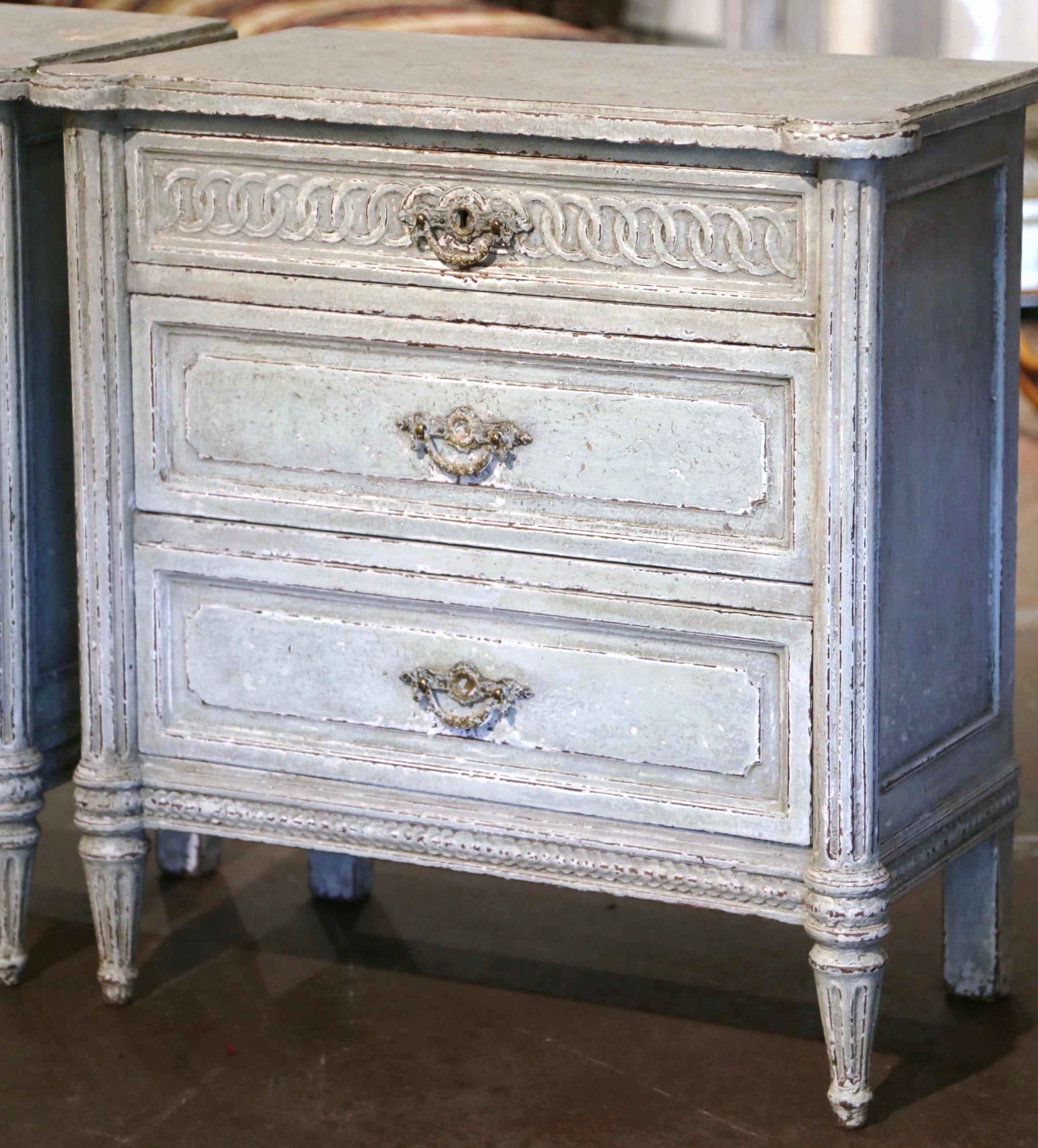 Pair 19th Century French Louis XVI Carved Painted Nightstands Chests of Drawers 1