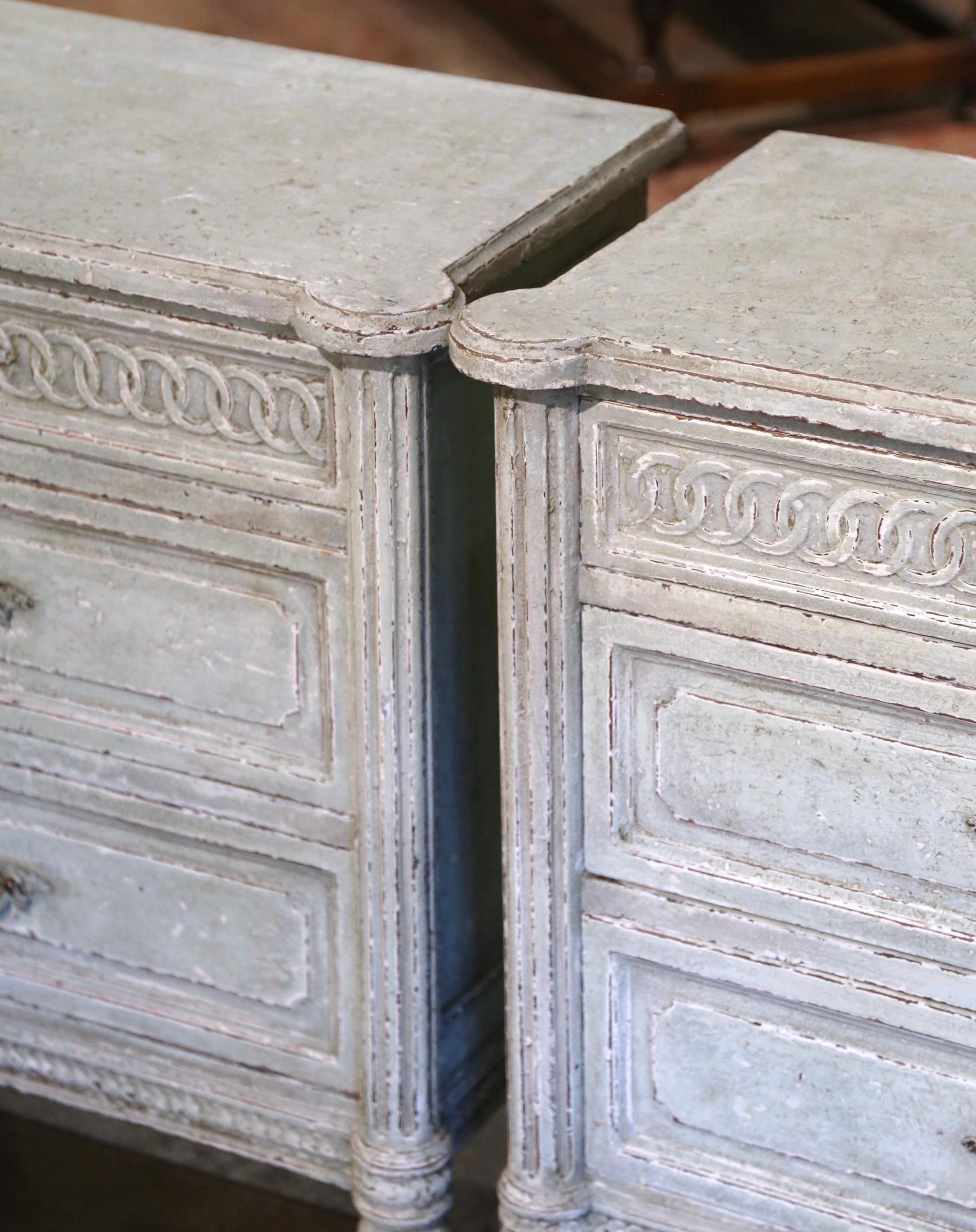 Pair 19th Century French Louis XVI Carved Painted Nightstands Chests of Drawers 2