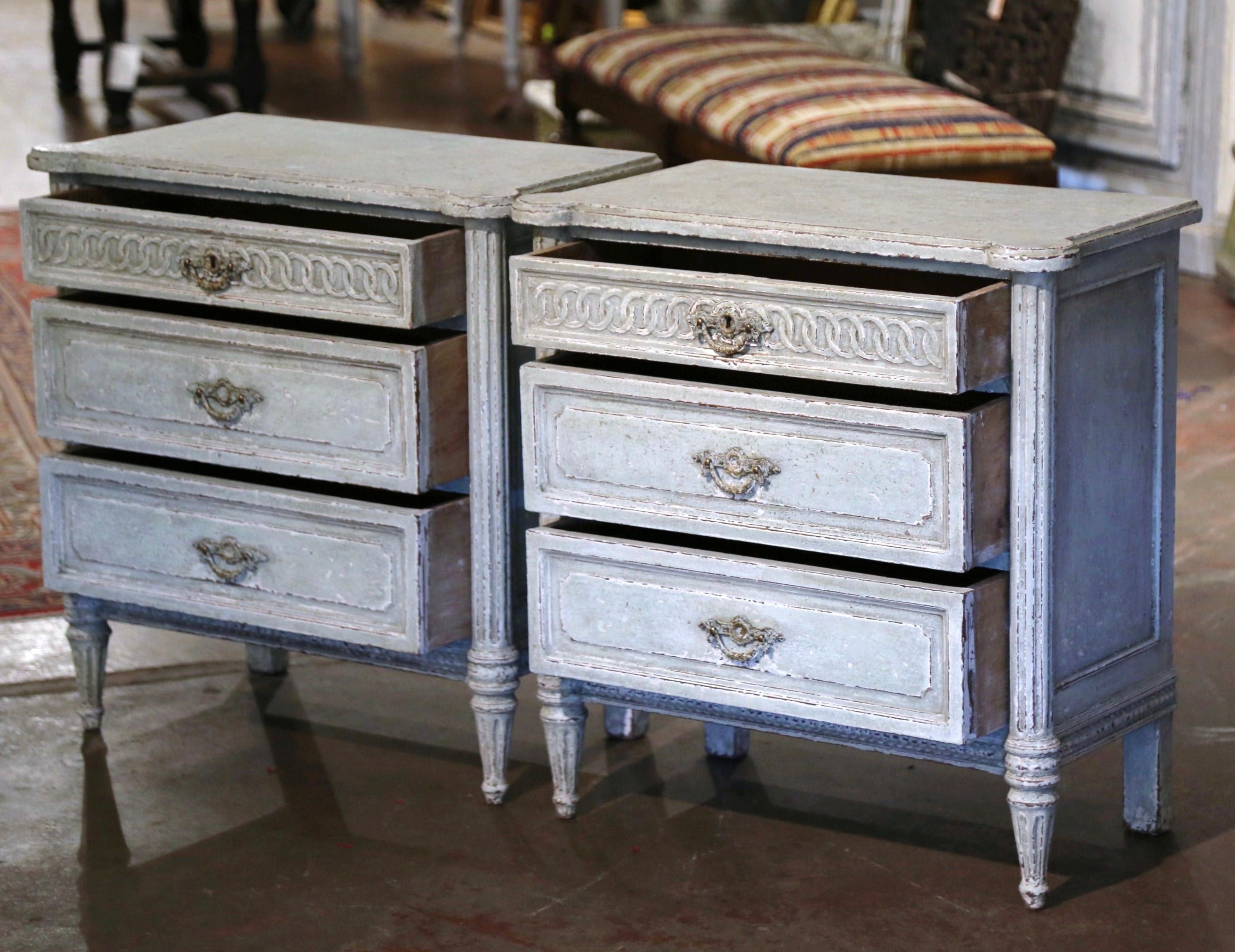 Pair 19th Century French Louis XVI Carved Painted Nightstands Chests of Drawers 4