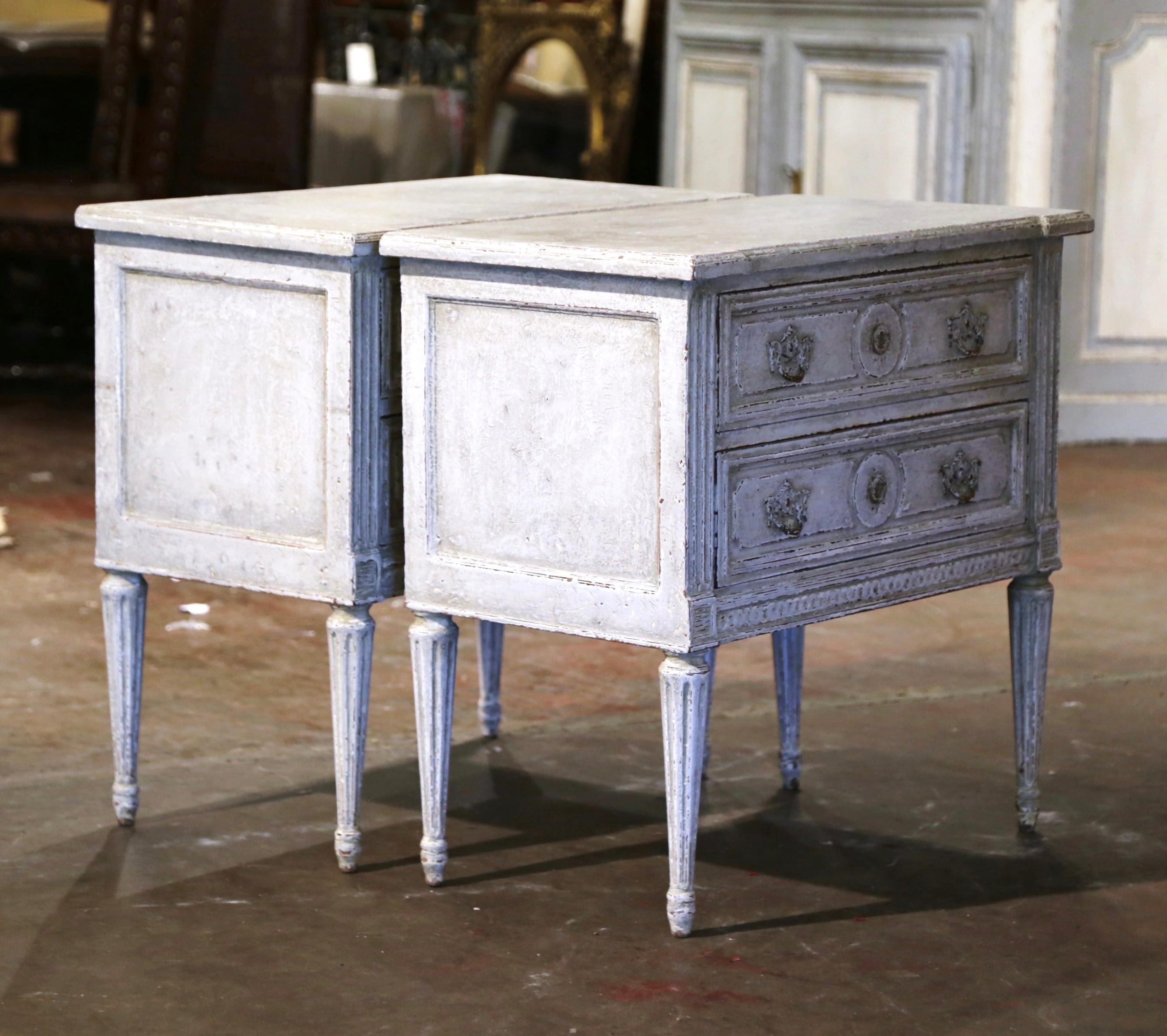 Pair 19th Century French Louis XVI Carved Painted Two-Drawer Chests Nightstands 5