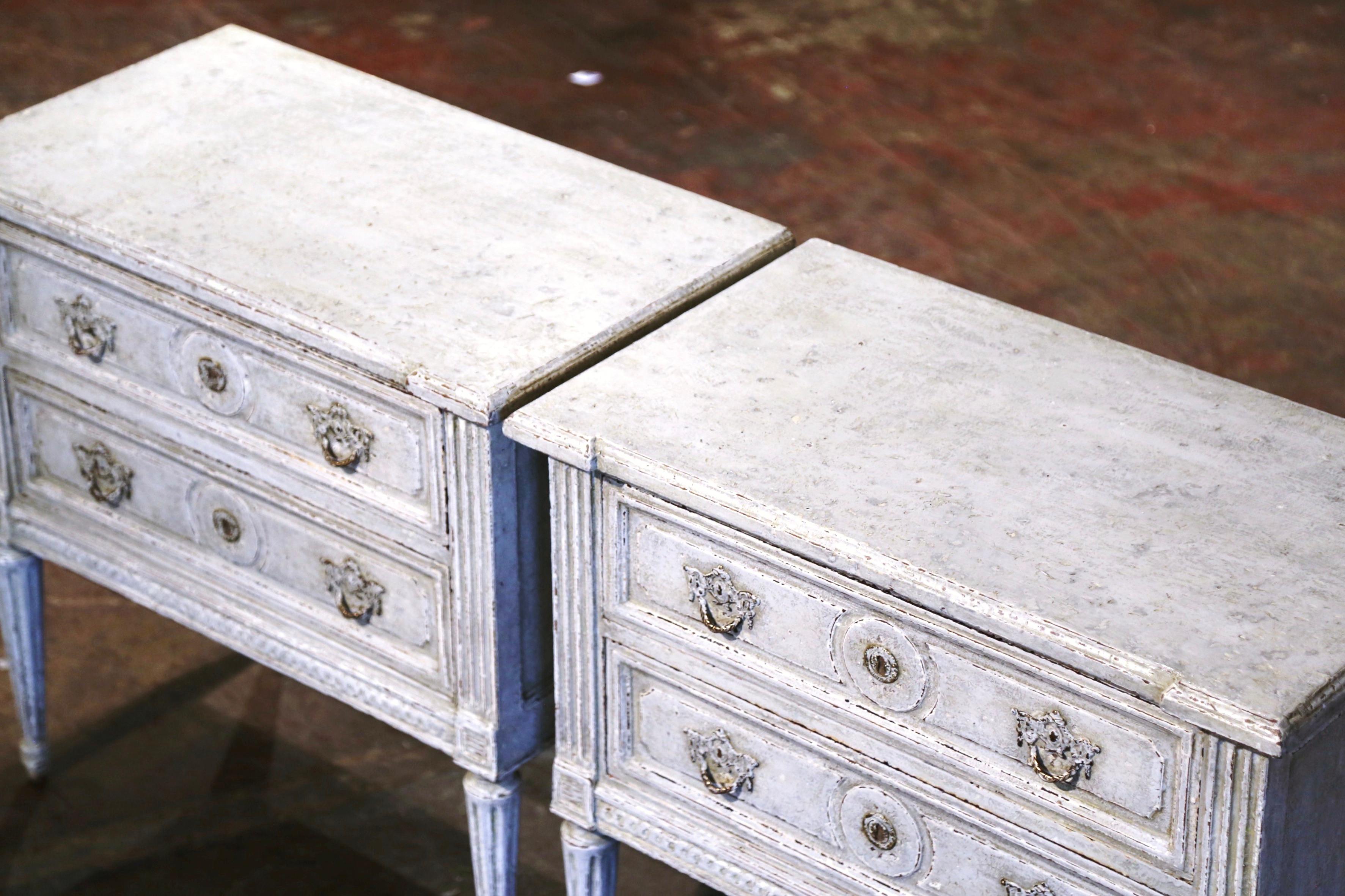 Hand-Painted Pair 19th Century French Louis XVI Carved Painted Two-Drawer Chests Nightstands