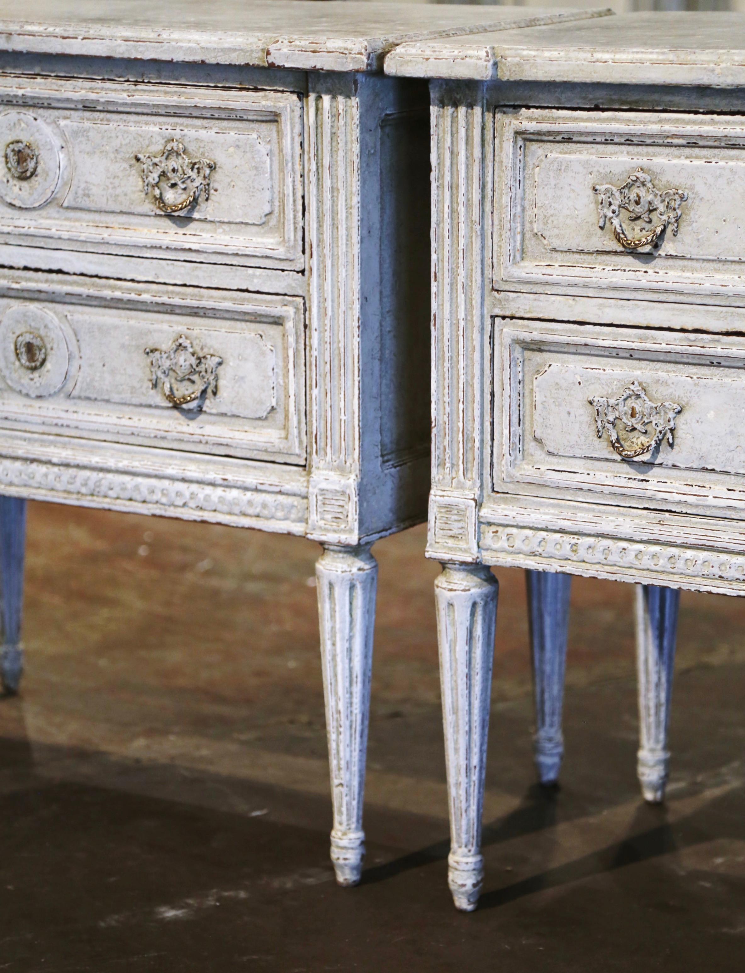 Pair 19th Century French Louis XVI Carved Painted Two-Drawer Chests Nightstands In Excellent Condition In Dallas, TX