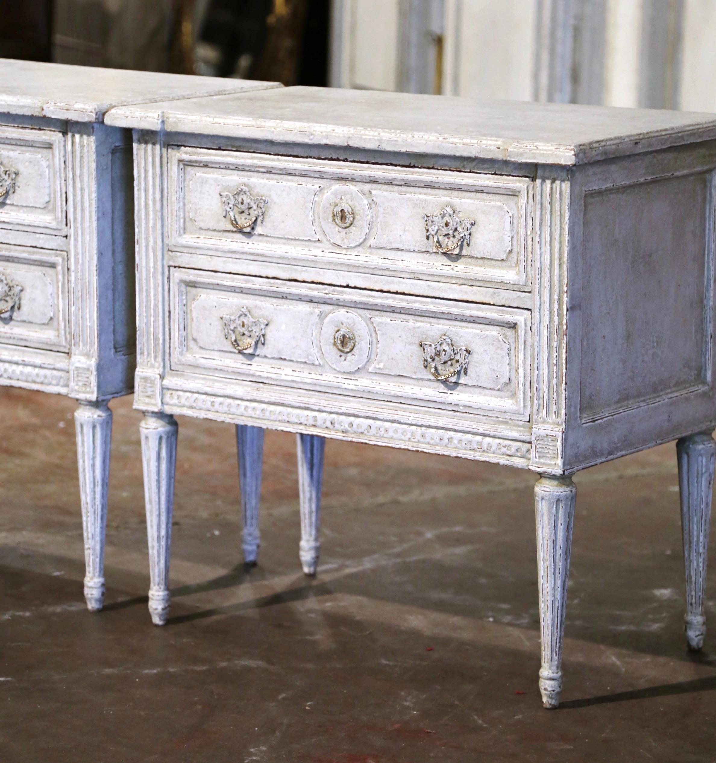 Wood Pair 19th Century French Louis XVI Carved Painted Two-Drawer Chests Nightstands