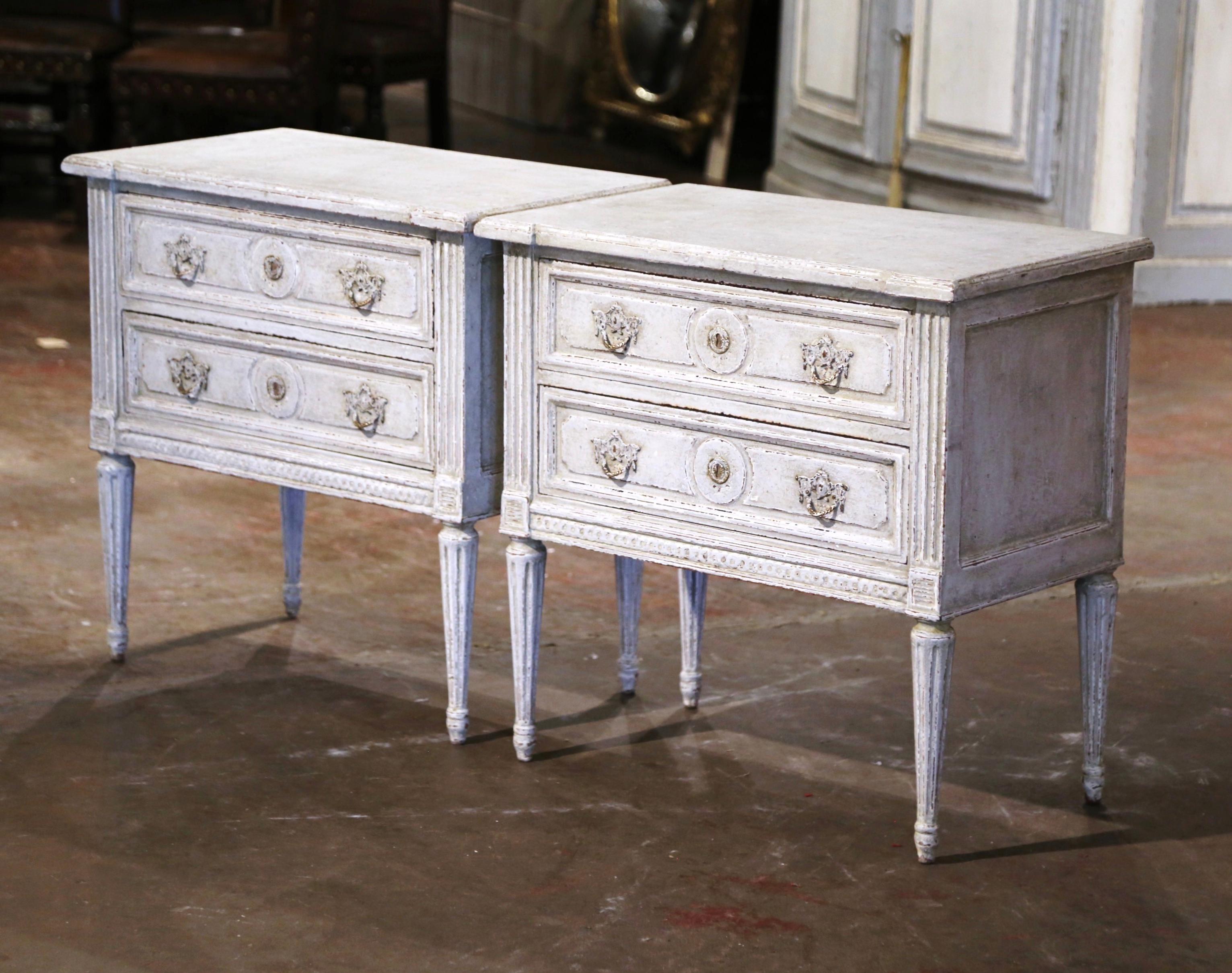 Pair 19th Century French Louis XVI Carved Painted Two-Drawer Chests Nightstands 1