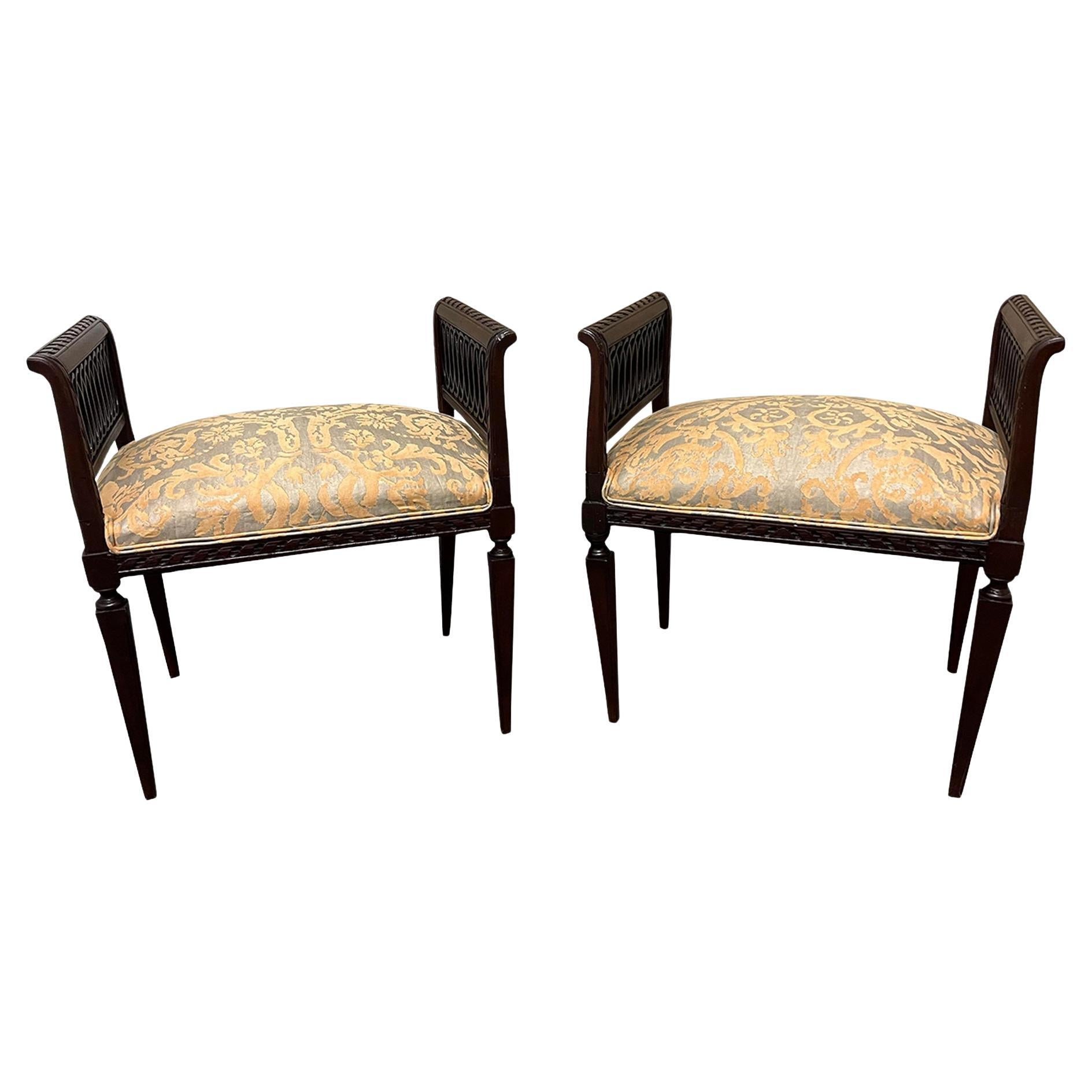Pair, 19th Century French Louis XVI Carved Stools in Mariano Fortuny Upholstery