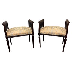 Antique Pair, 19th Century French Louis XVI Carved Stools in Mariano Fortuny Upholstery