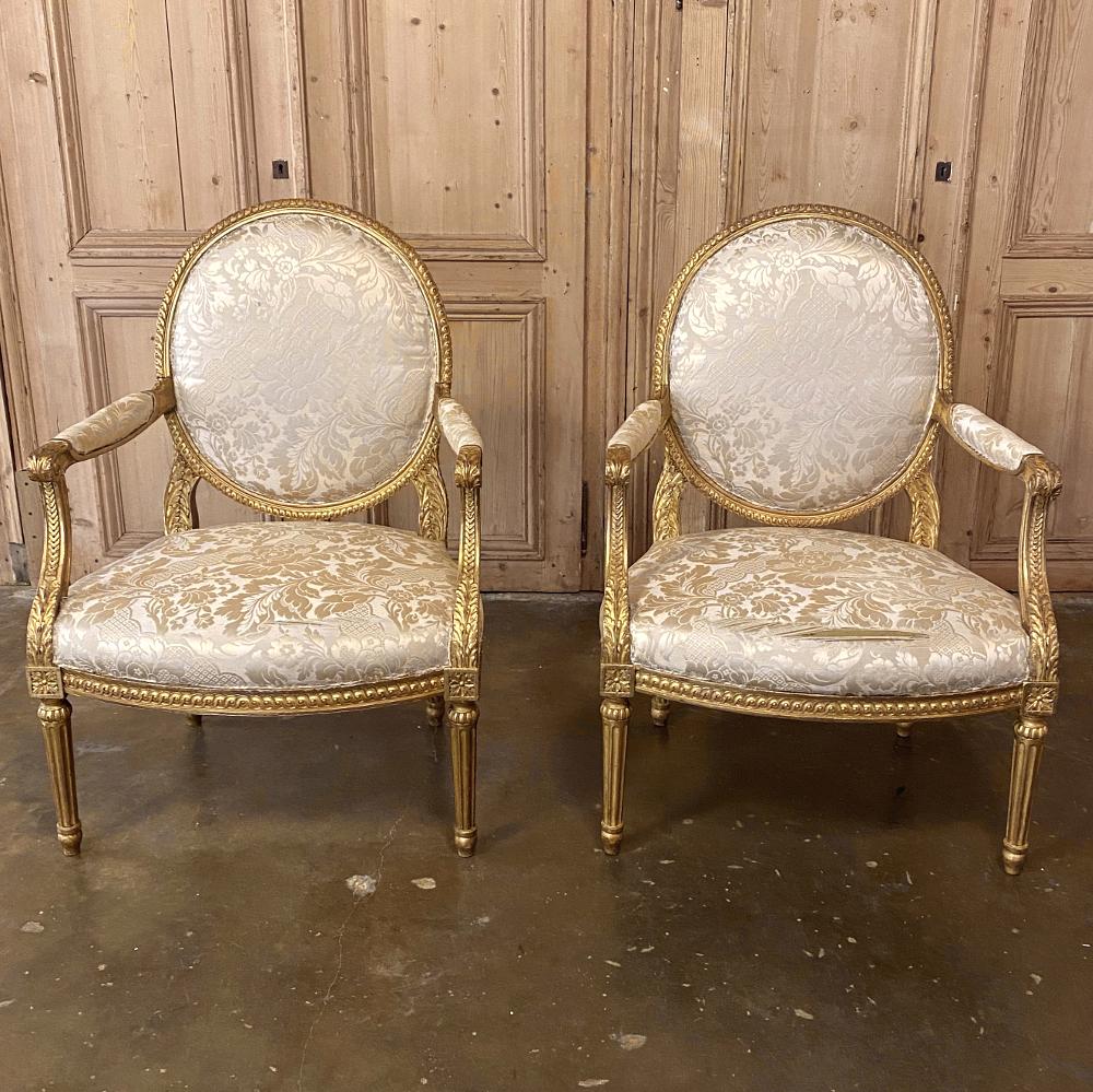 Hand-Crafted Pair of 19th Century French Louis XVI Gilded Armchairs, Fauteuils