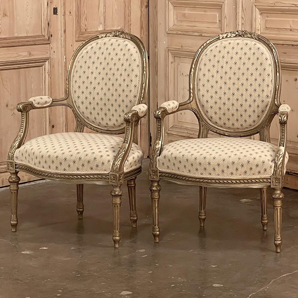 Hand-Carved Pair 19th Century French Louis XVI Gilded Armchairs ~ Fauteuils For Sale