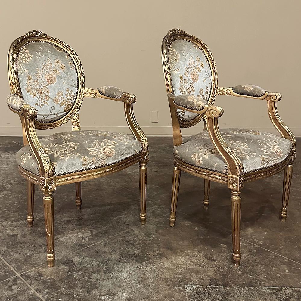 Hand-Carved Pair 19th Century French Louis XVI Gilded Armchairs ~ Fauteuils For Sale