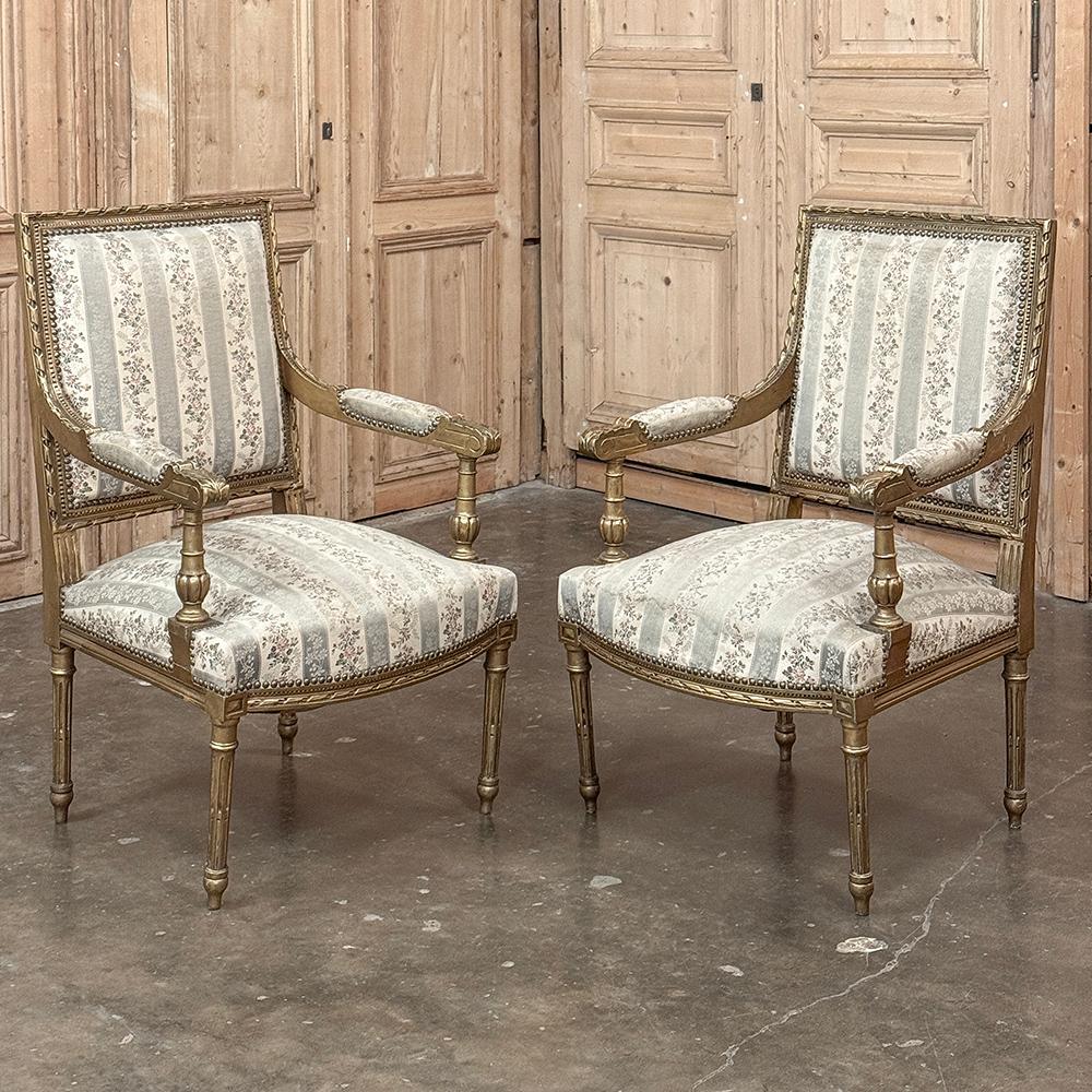 Pareja Sillones Franceses Luis XVI Dorados Siglo XIX ~ Fauteuils Francés en venta