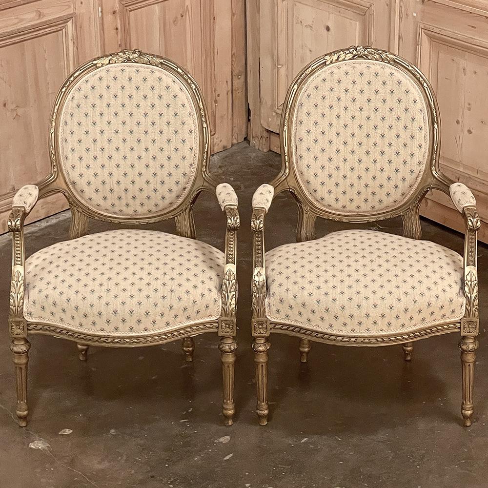 Pair 19th Century French Louis XVI Gilded Armchairs ~ Fauteuils In Good Condition For Sale In Dallas, TX