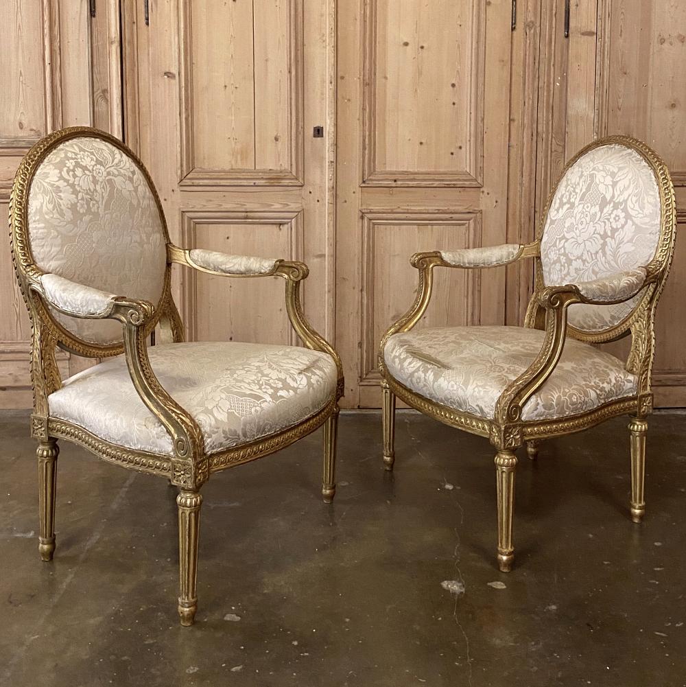 Late 19th Century Pair of 19th Century French Louis XVI Gilded Armchairs, Fauteuils