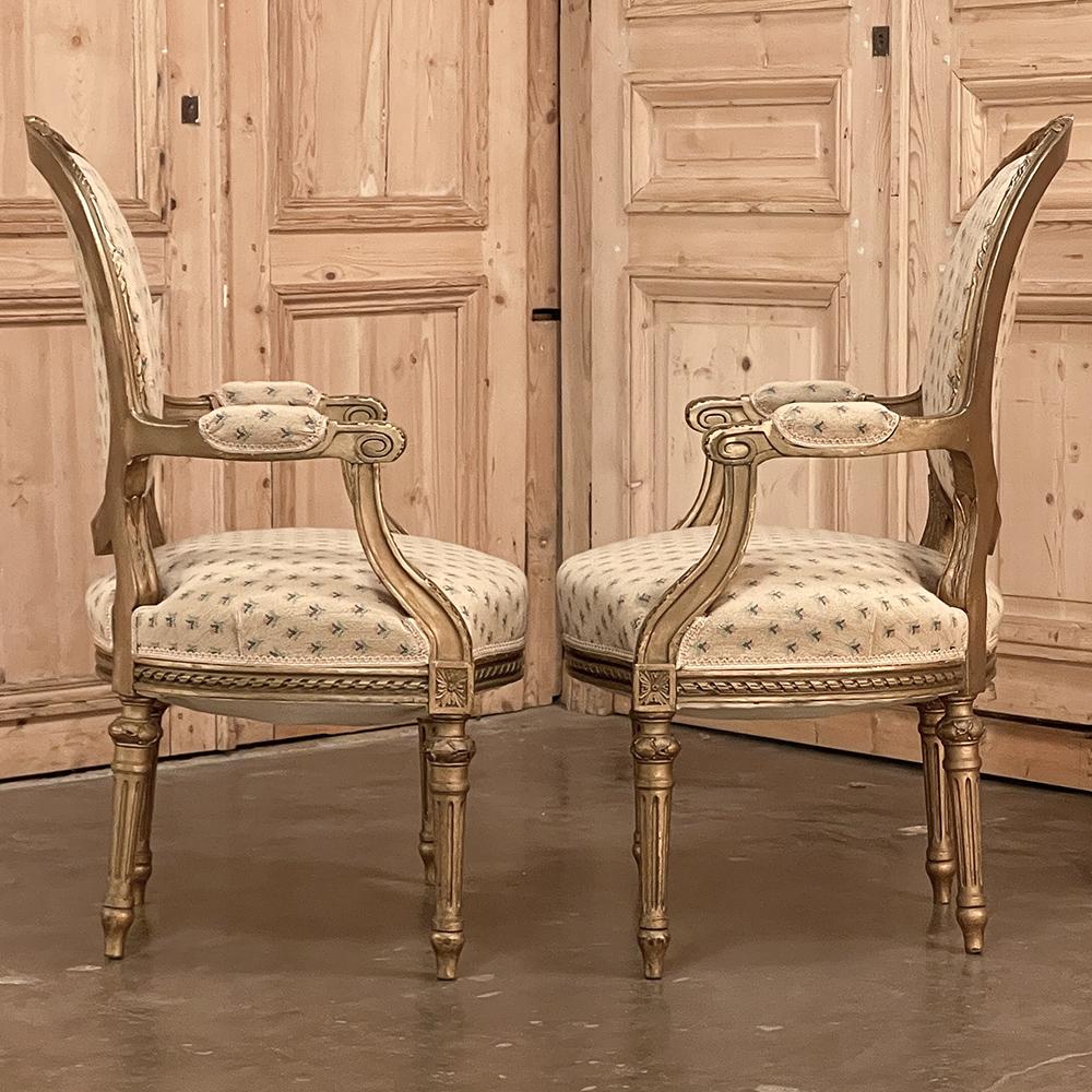 Giltwood Pair 19th Century French Louis XVI Gilded Armchairs ~ Fauteuils For Sale