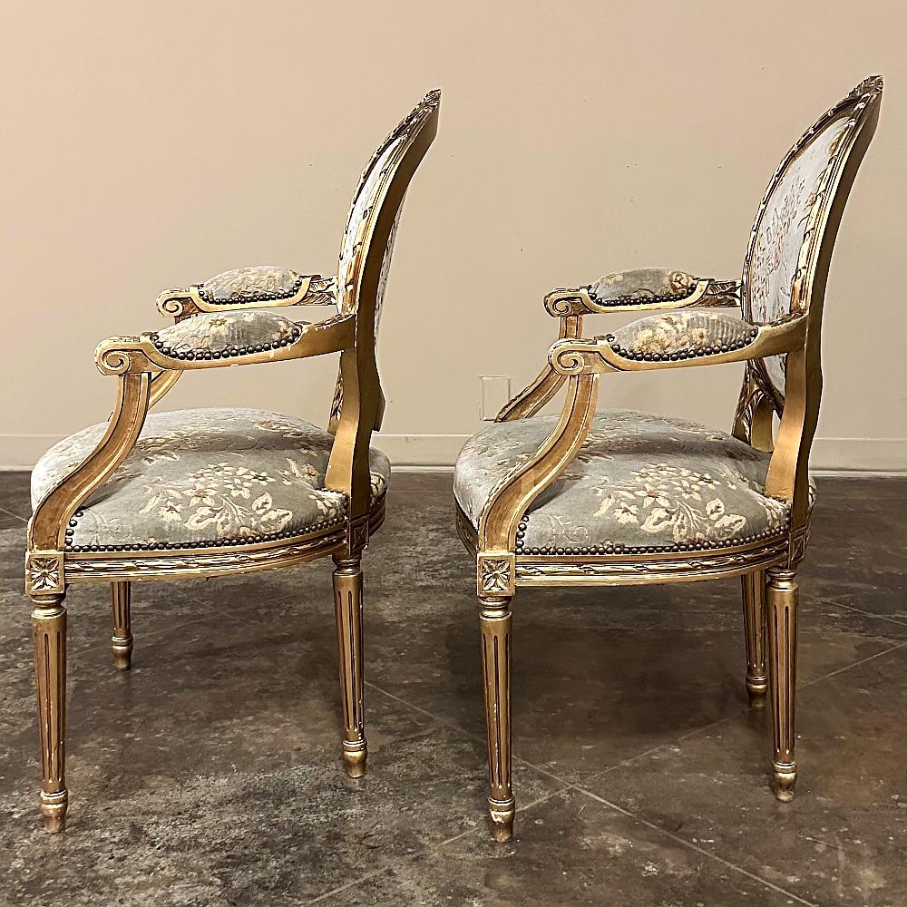 Silk Pair 19th Century French Louis XVI Gilded Armchairs ~ Fauteuils For Sale