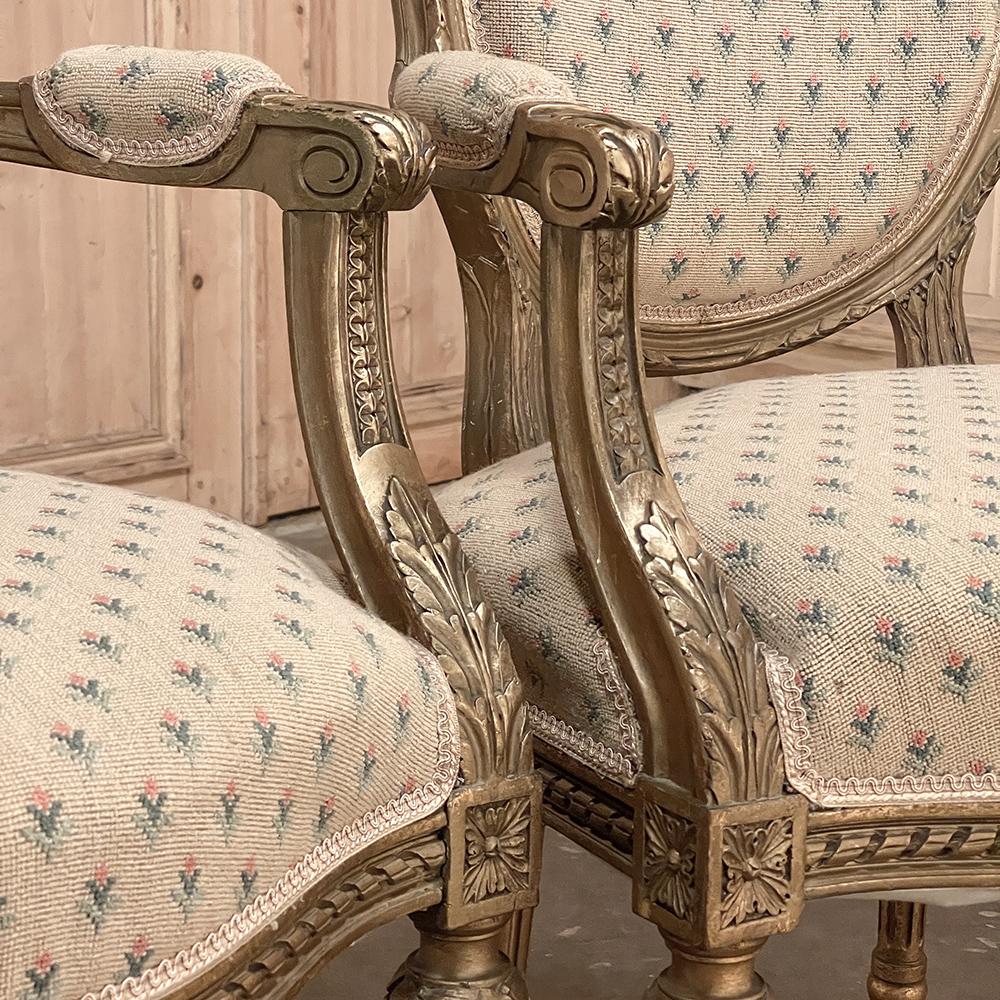 Pair 19th Century French Louis XVI Gilded Armchairs ~ Fauteuils For Sale 3